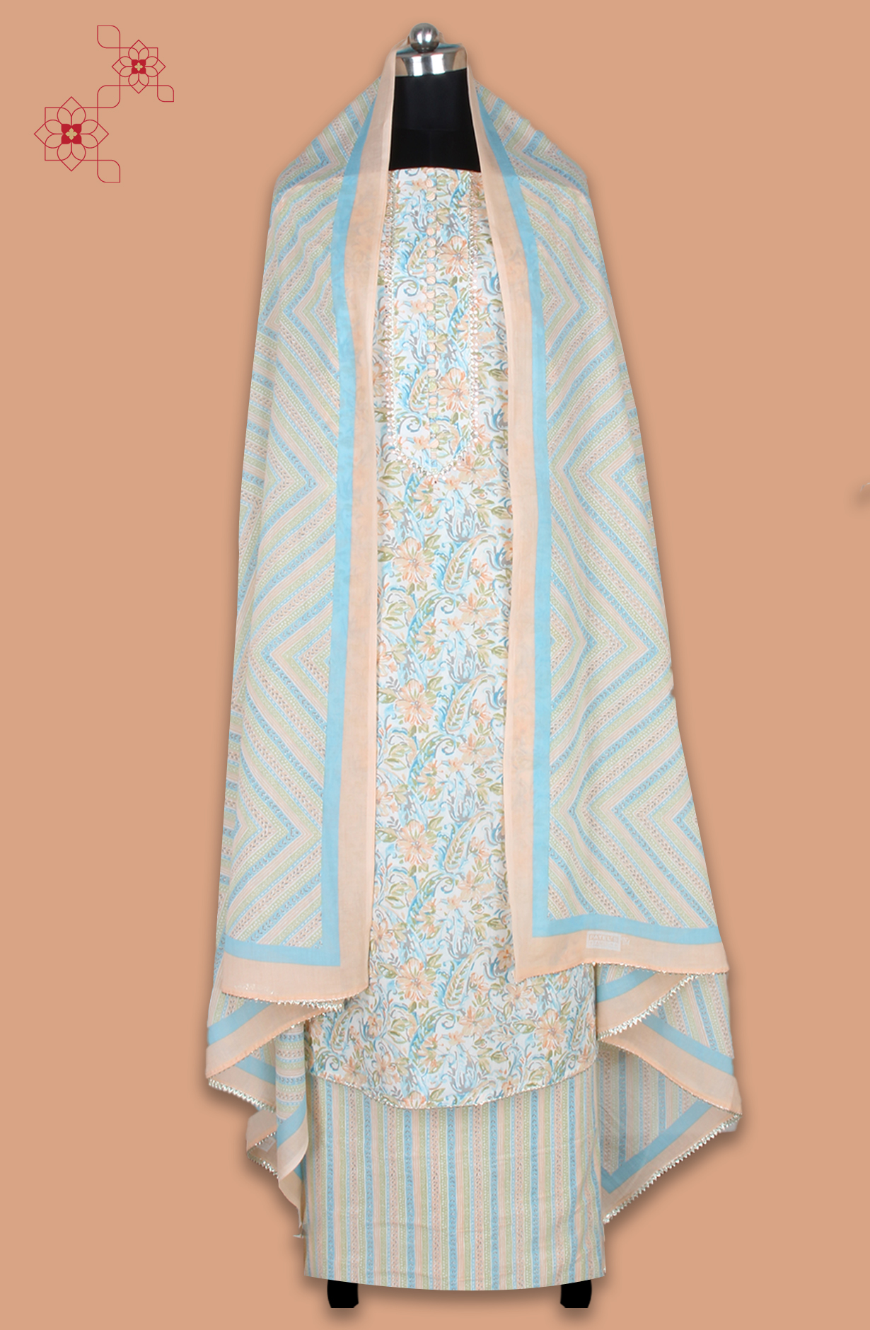 Multicolor Cotton Printed Salwar Suit Fabric with Gota Patti Work - 131-995-117B