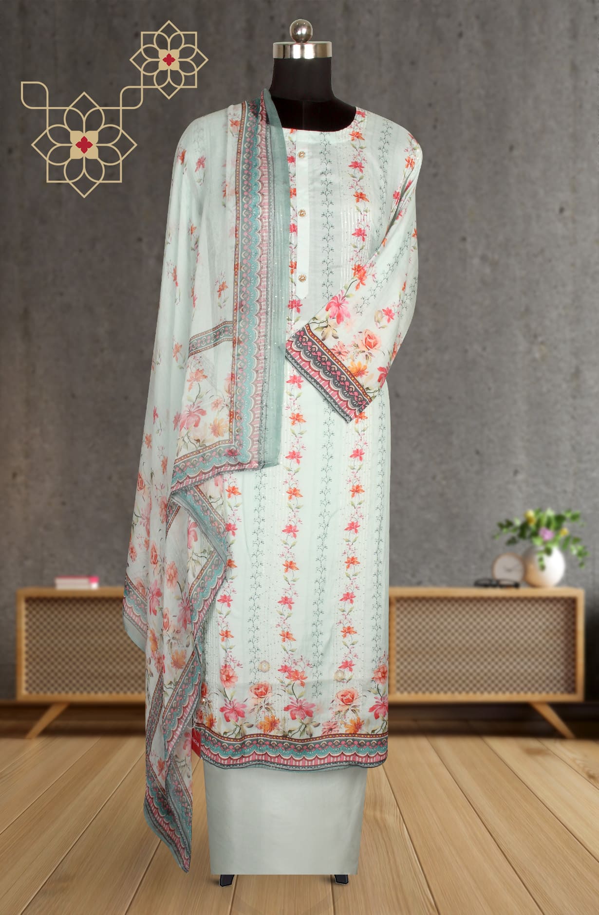 Sea Green Muslin Silk Semi Stitched Suit-set - 131-CA14237