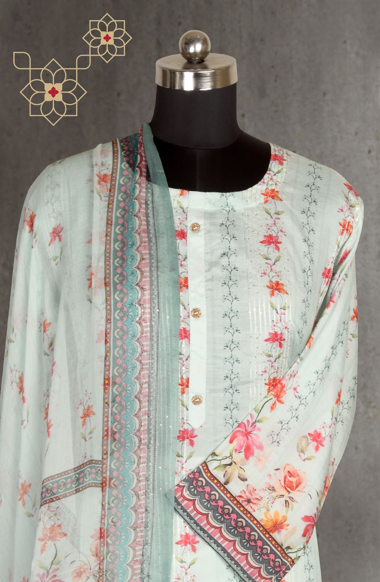Sea Green Muslin Silk Semi Stitched Suit-set - 131-CA14237