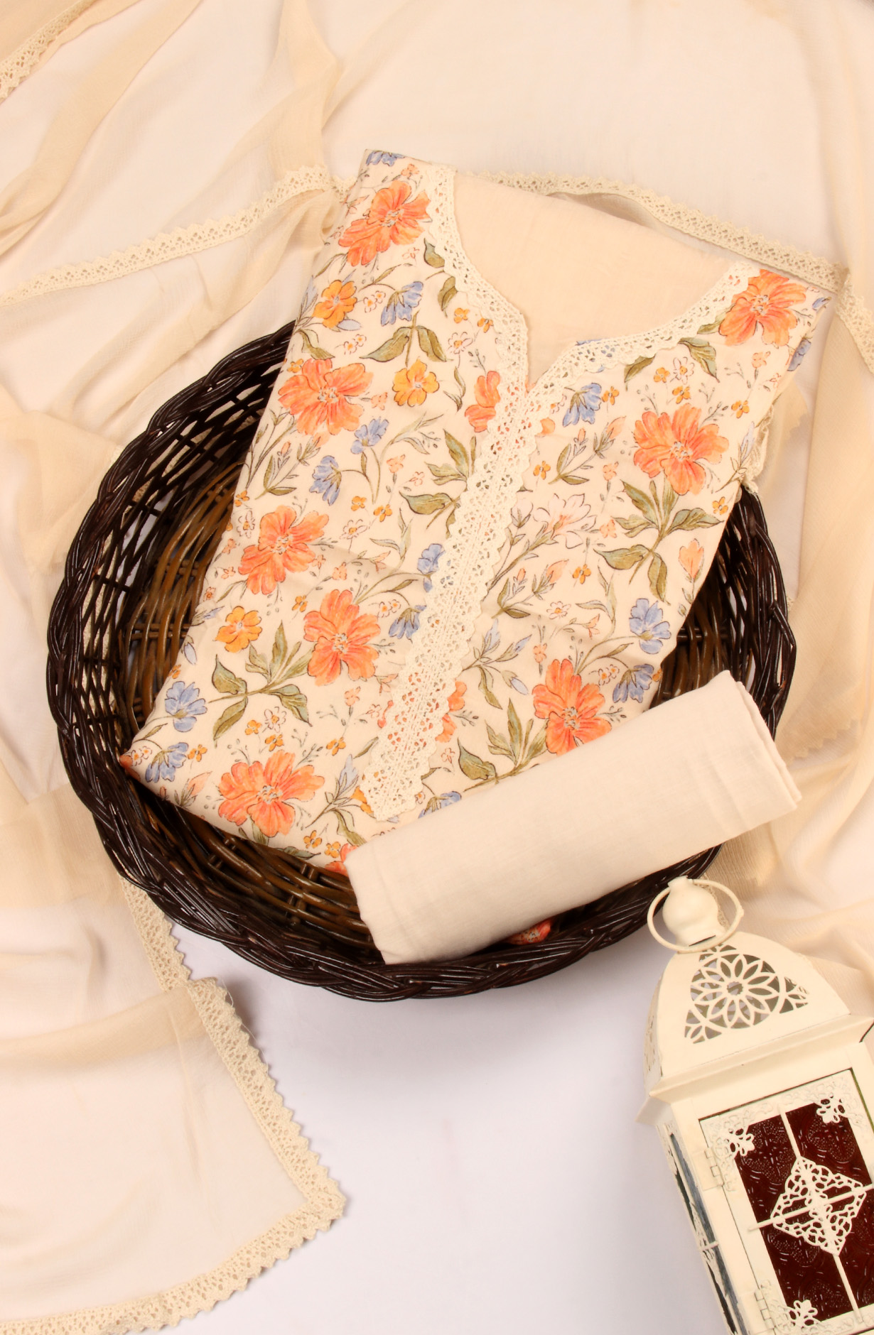 Beige Muslin Unstitched Salwar Kameez with Chiffon Dupatta - 131-CA15575