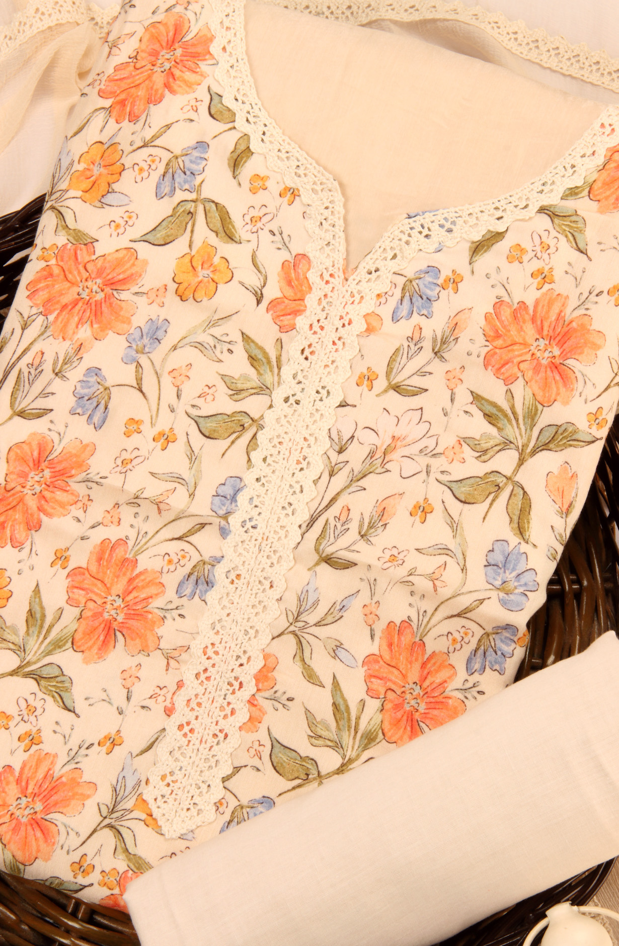 Beige Muslin Unstitched Salwar Kameez with Chiffon Dupatta - 131-CA15575