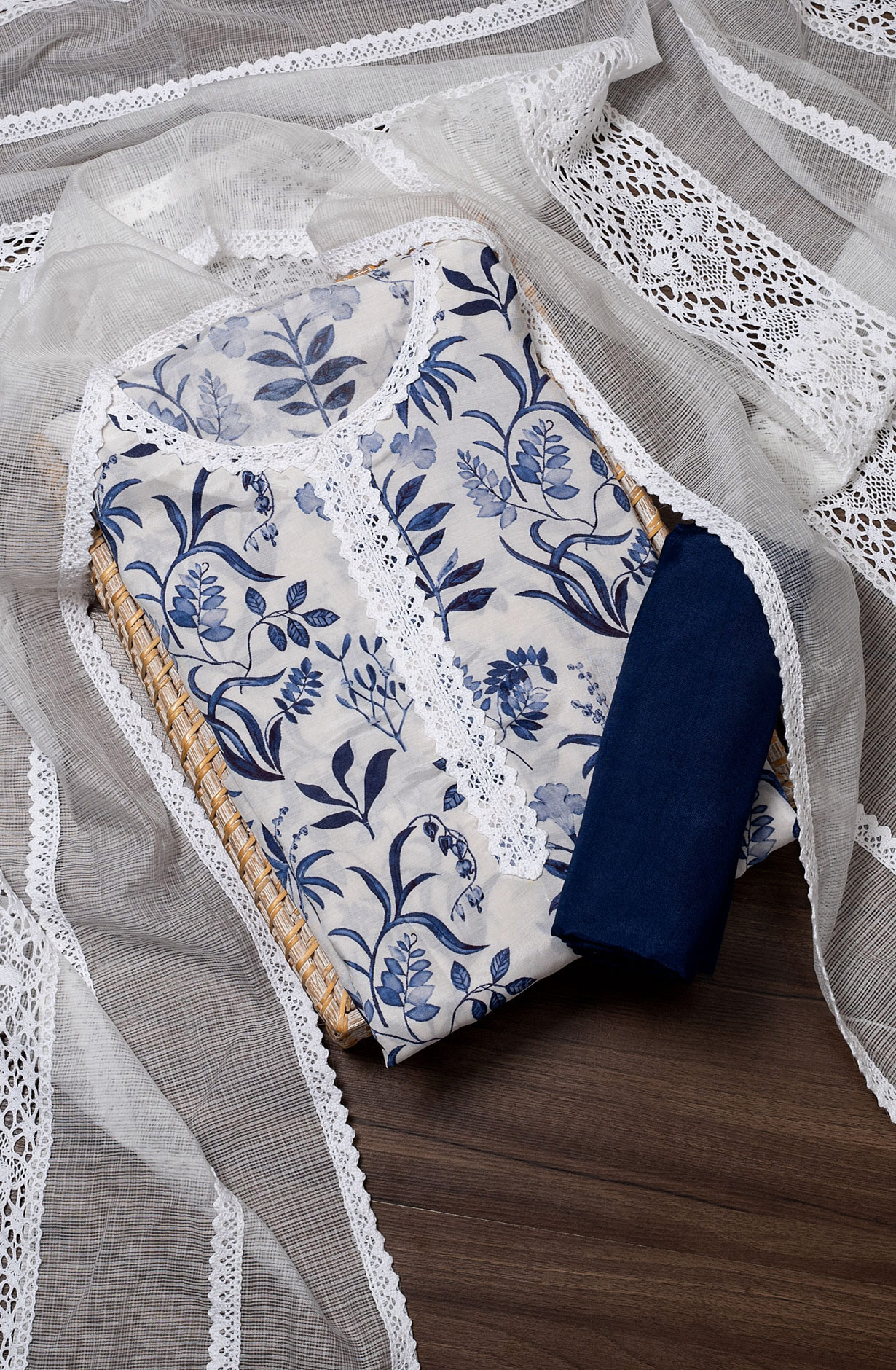 White and Blue Modal Lacework Suit with Kota Dupatta - 131-CA16009