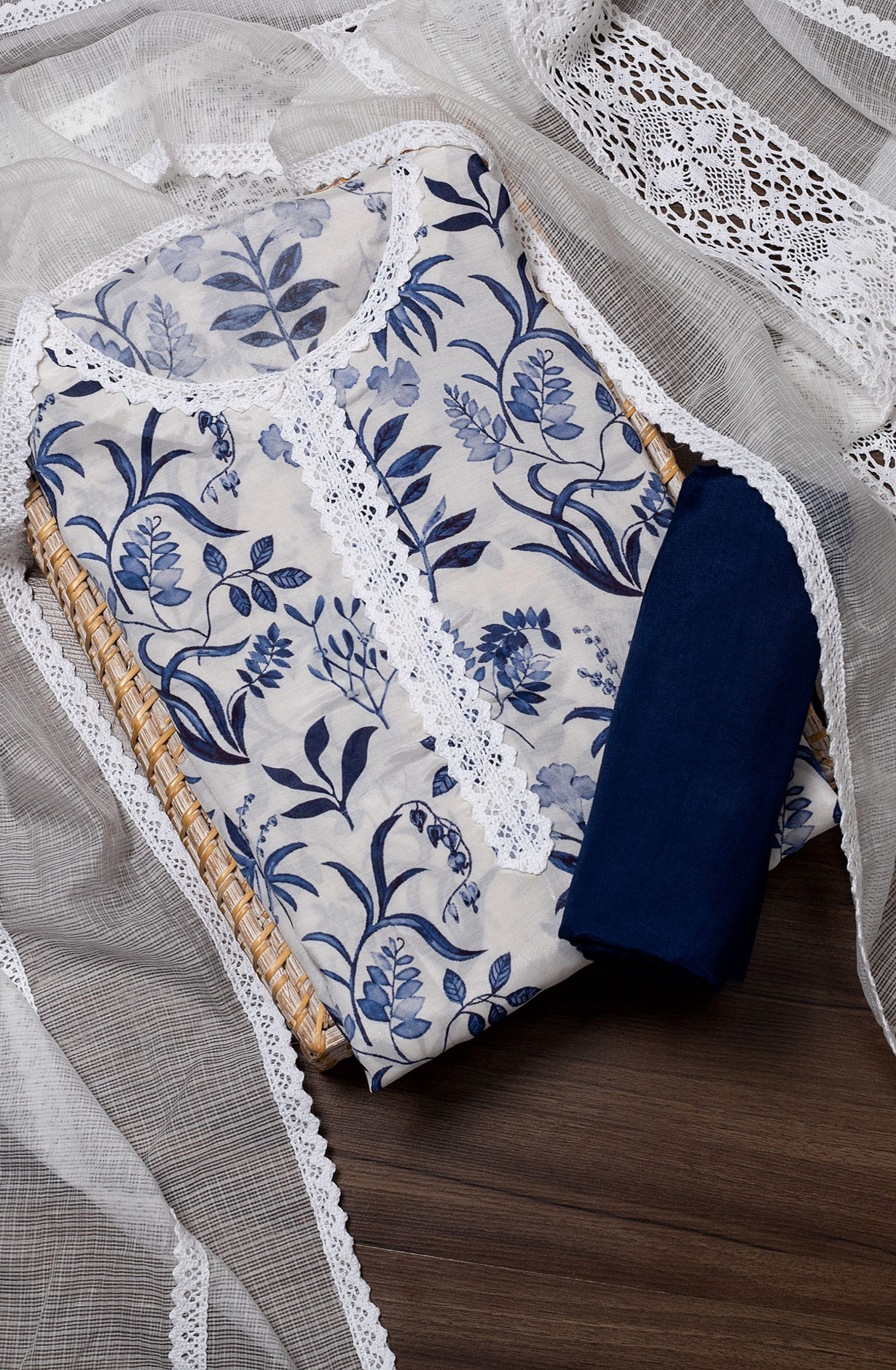 White and Blue Modal Lacework Suit with Kota Dupatta - 131-CA16009