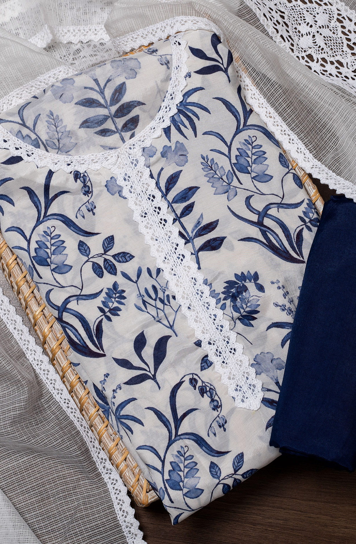 White and Blue Modal Lacework Suit with Kota Dupatta - 131-CA16009