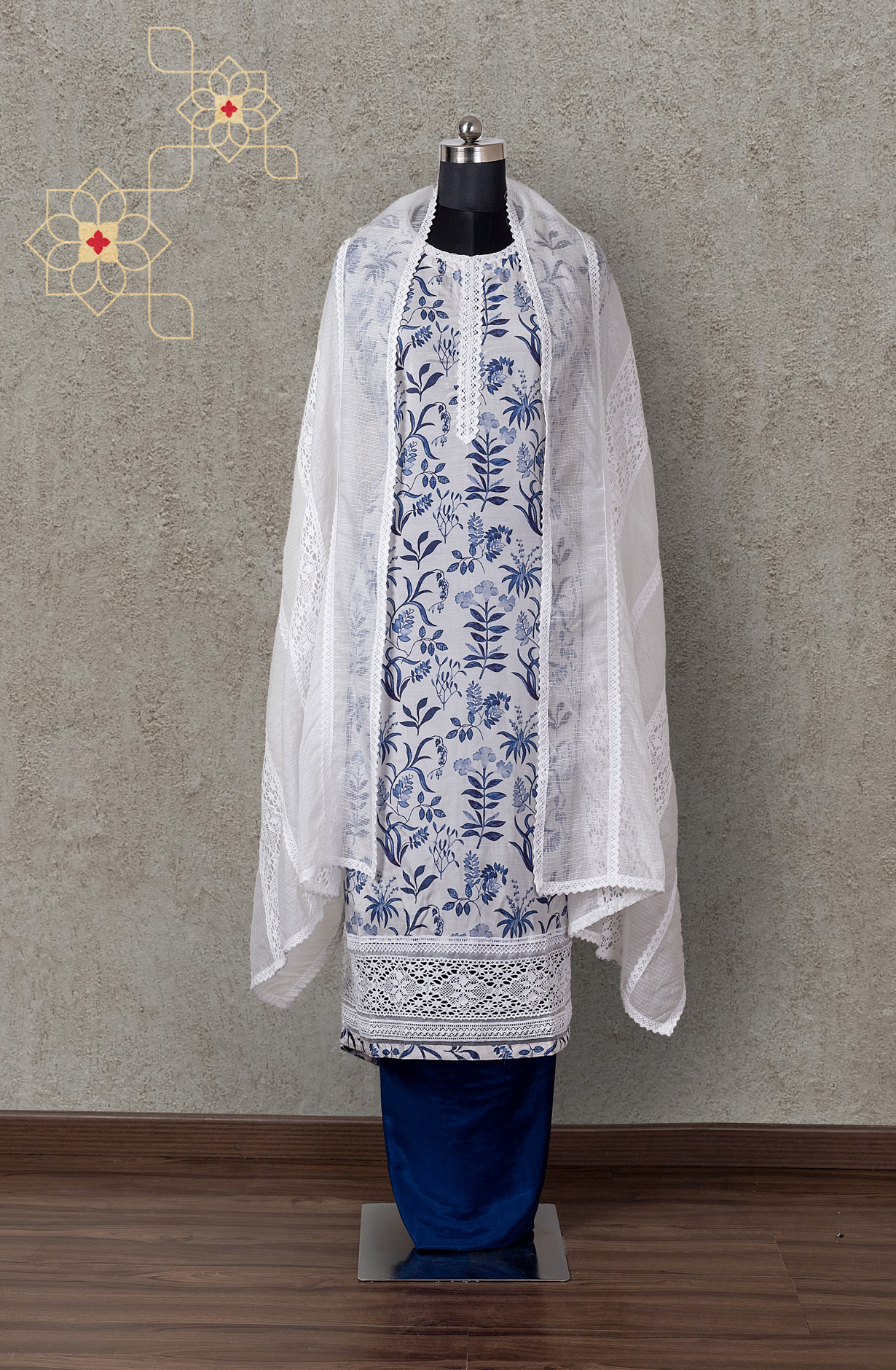 White and Blue Modal Lacework Suit with Kota Dupatta - 131-CA16009