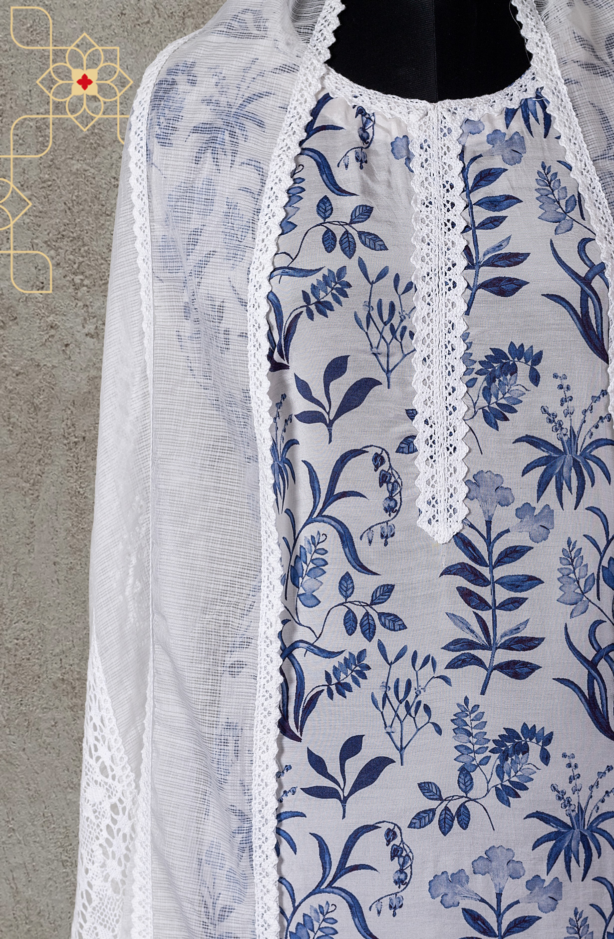 White and Blue Modal Lacework Suit with Kota Dupatta - 131-CA16009