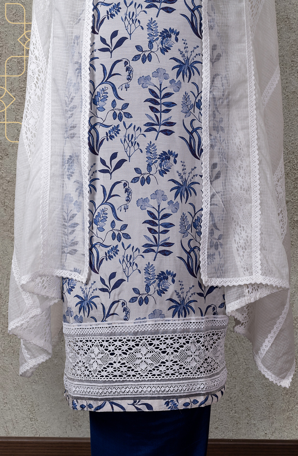 White and Blue Modal Lacework Suit with Kota Dupatta - 131-CA16009