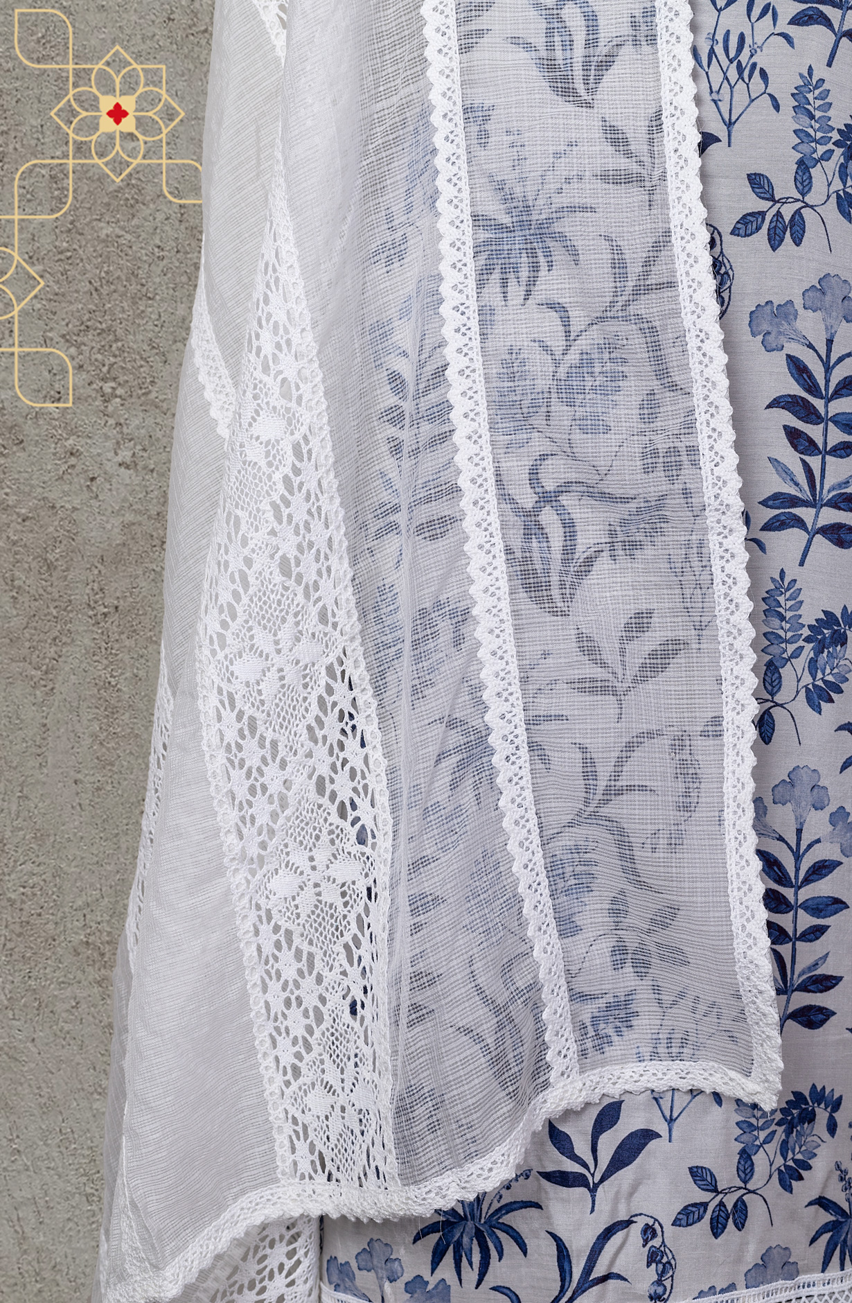 White and Blue Modal Lacework Suit with Kota Dupatta - 131-CA16009