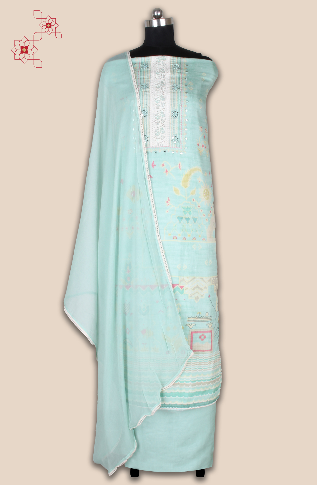 Sea Green Linen Printed Unstitched Salwar Suit with Lace Work - 131-CA17279