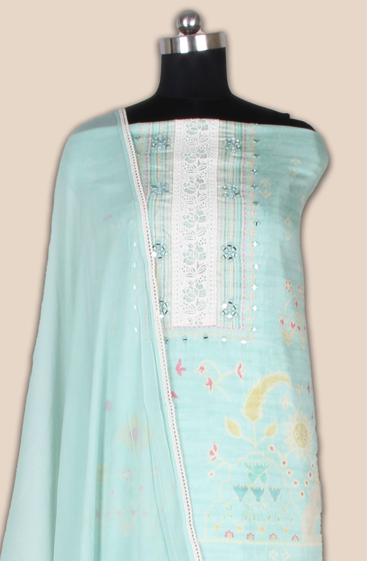 Sea Green Linen Printed Unstitched Salwar Suit with Lace Work - 131-CA17279