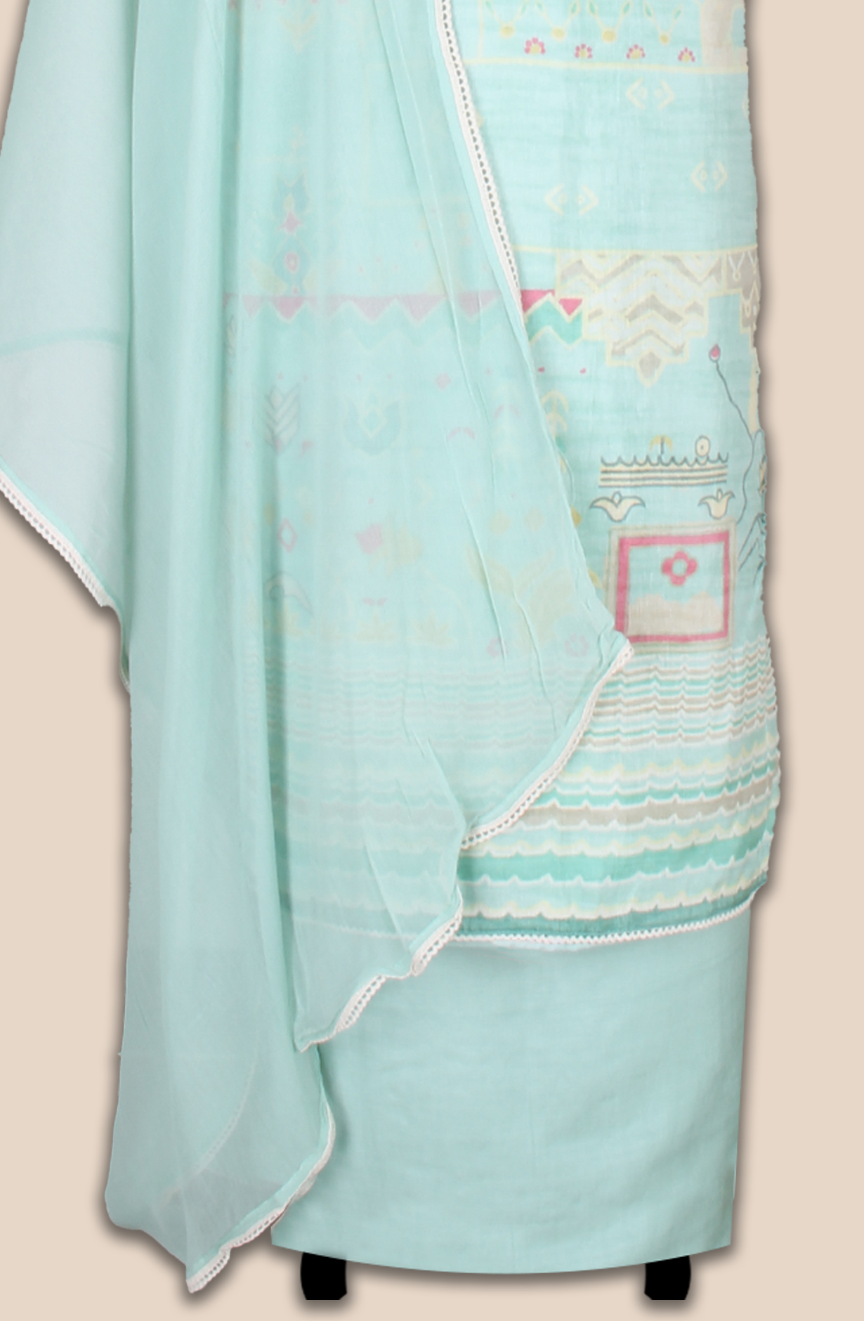 Sea Green Linen Printed Unstitched Salwar Suit with Lace Work - 131-CA17279