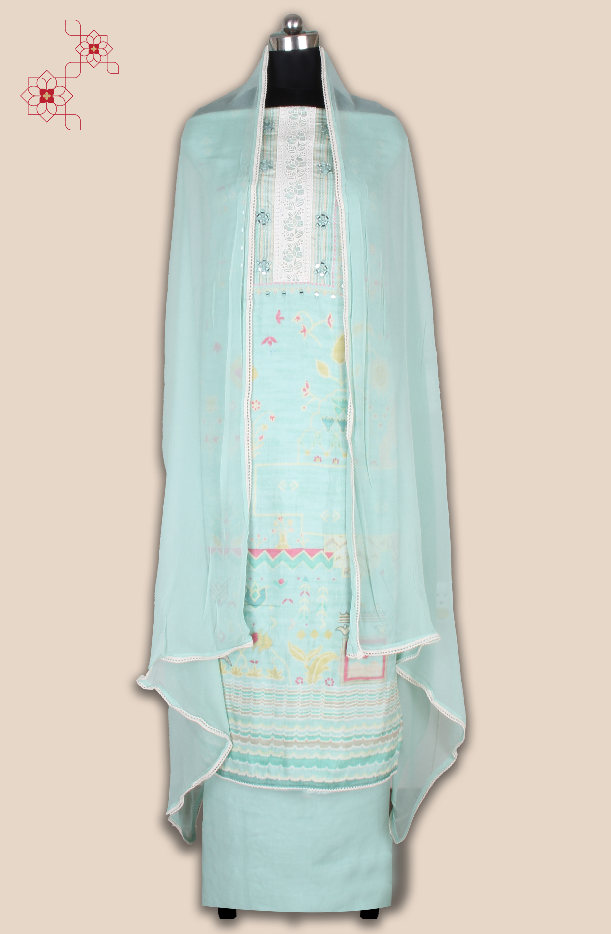 Sea Green Linen Printed Unstitched Salwar Suit with Lace Work - 131-CA17279