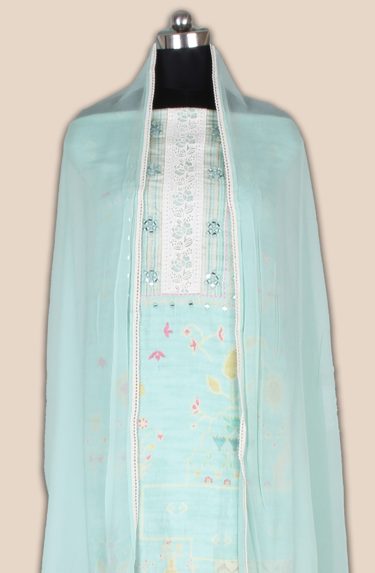 Sea Green Linen Printed Unstitched Salwar Suit with Lace Work - 131-CA17279