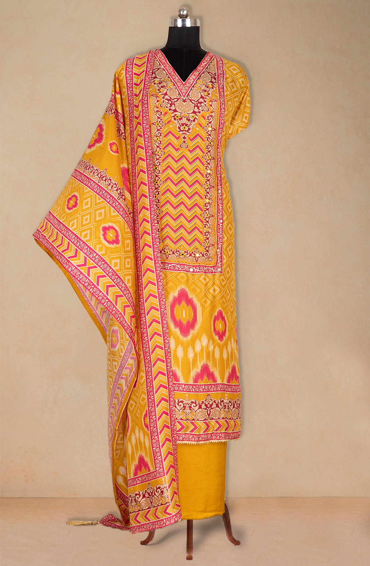 Yellow Printed Silk Suit with Dupatta - 131-CA19521