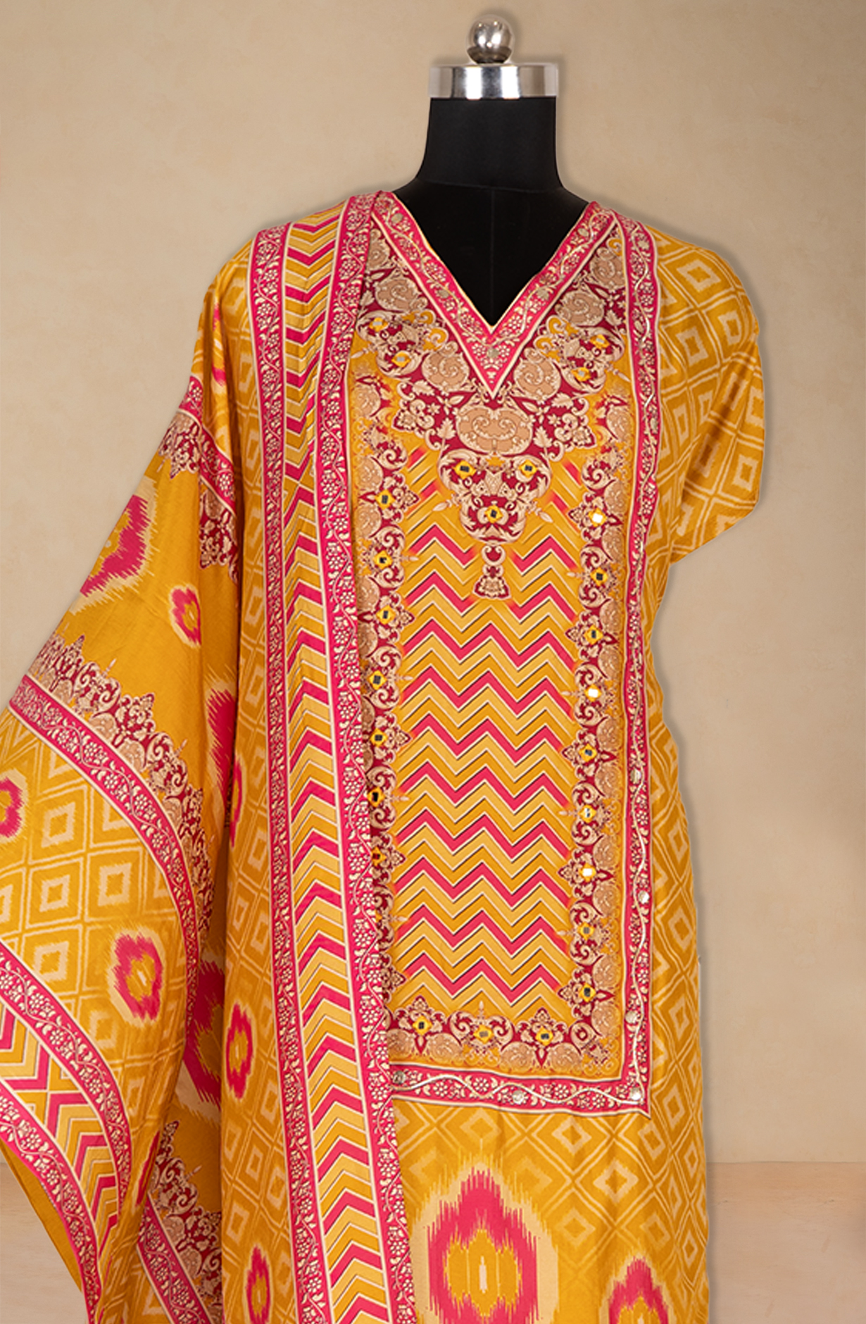 Yellow Printed Silk Suit with Dupatta - 131-CA19521