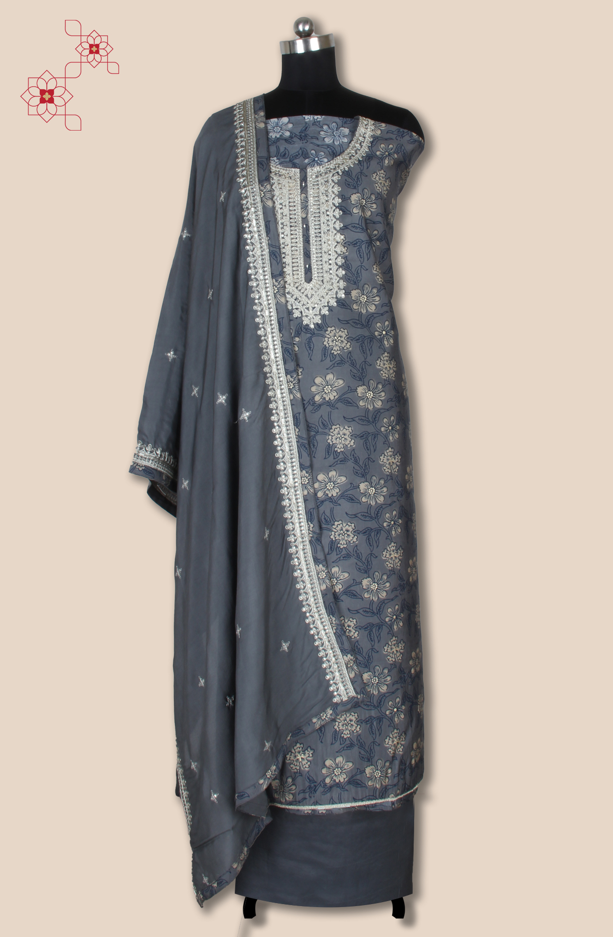Grey Modal Digital Printed Unstitched Suit Fabric with Stole Dupatta - 131-CT2976