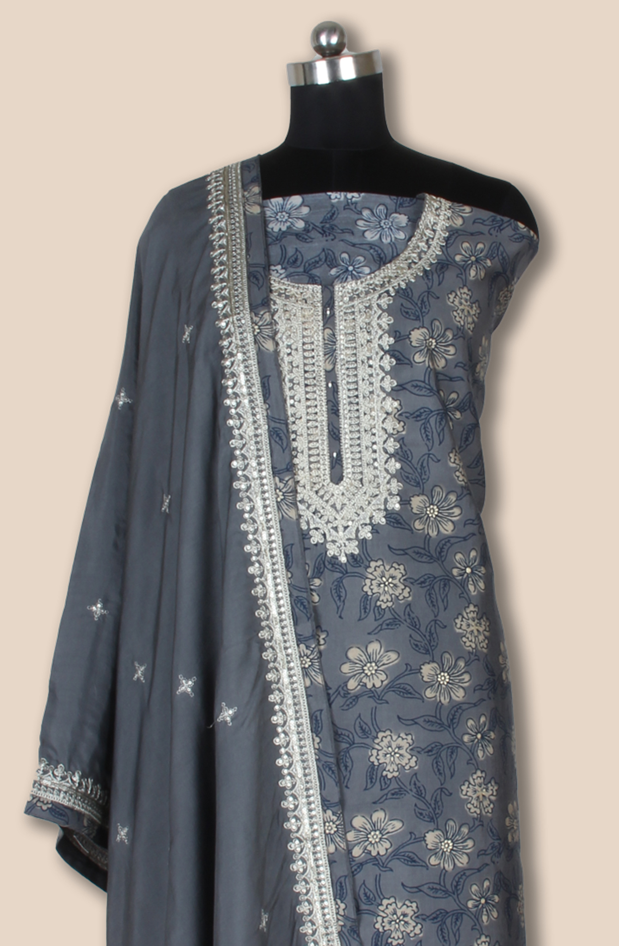 Grey Modal Digital Printed Unstitched Suit Fabric with Stole Dupatta - 131-CT2976