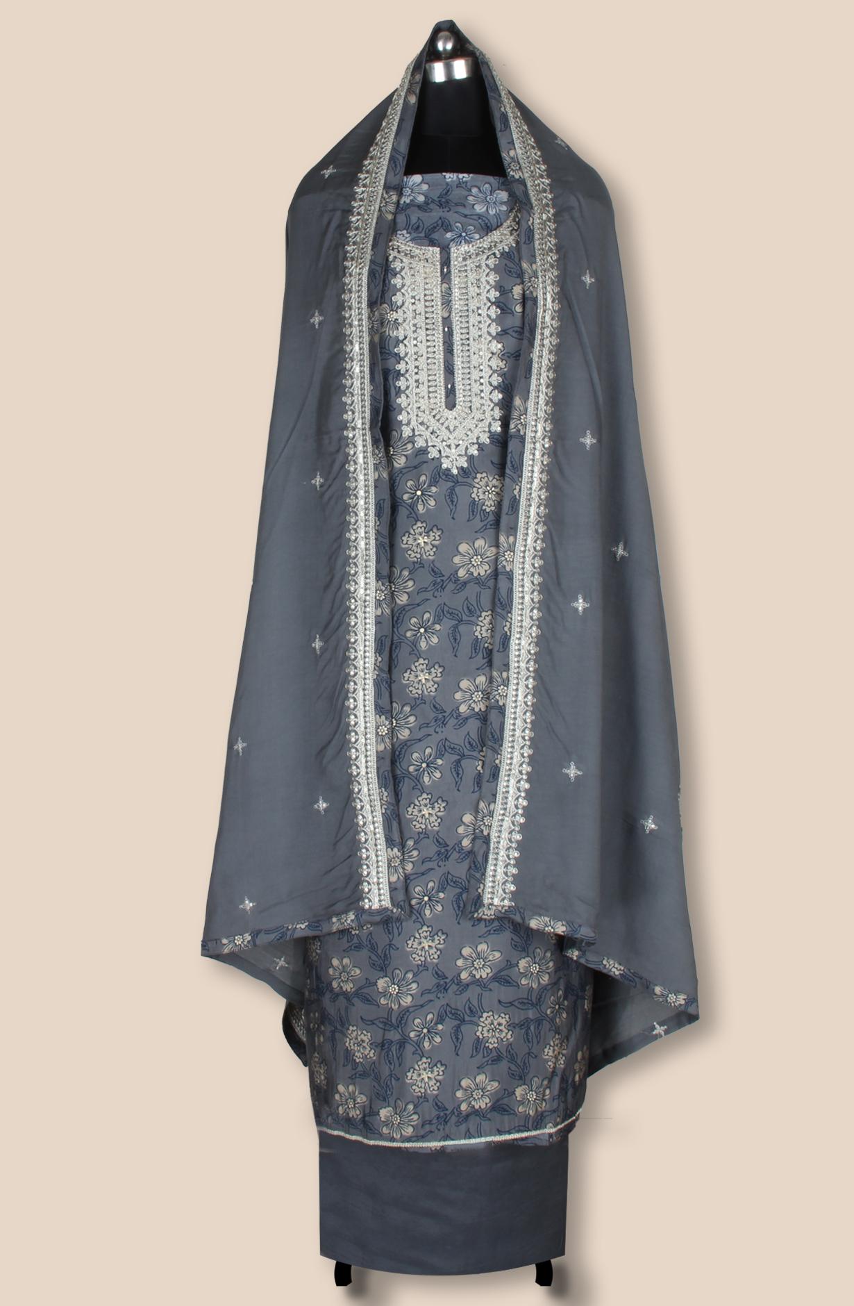 Grey Modal Digital Printed Unstitched Suit Fabric with Stole Dupatta - 131-CT2976