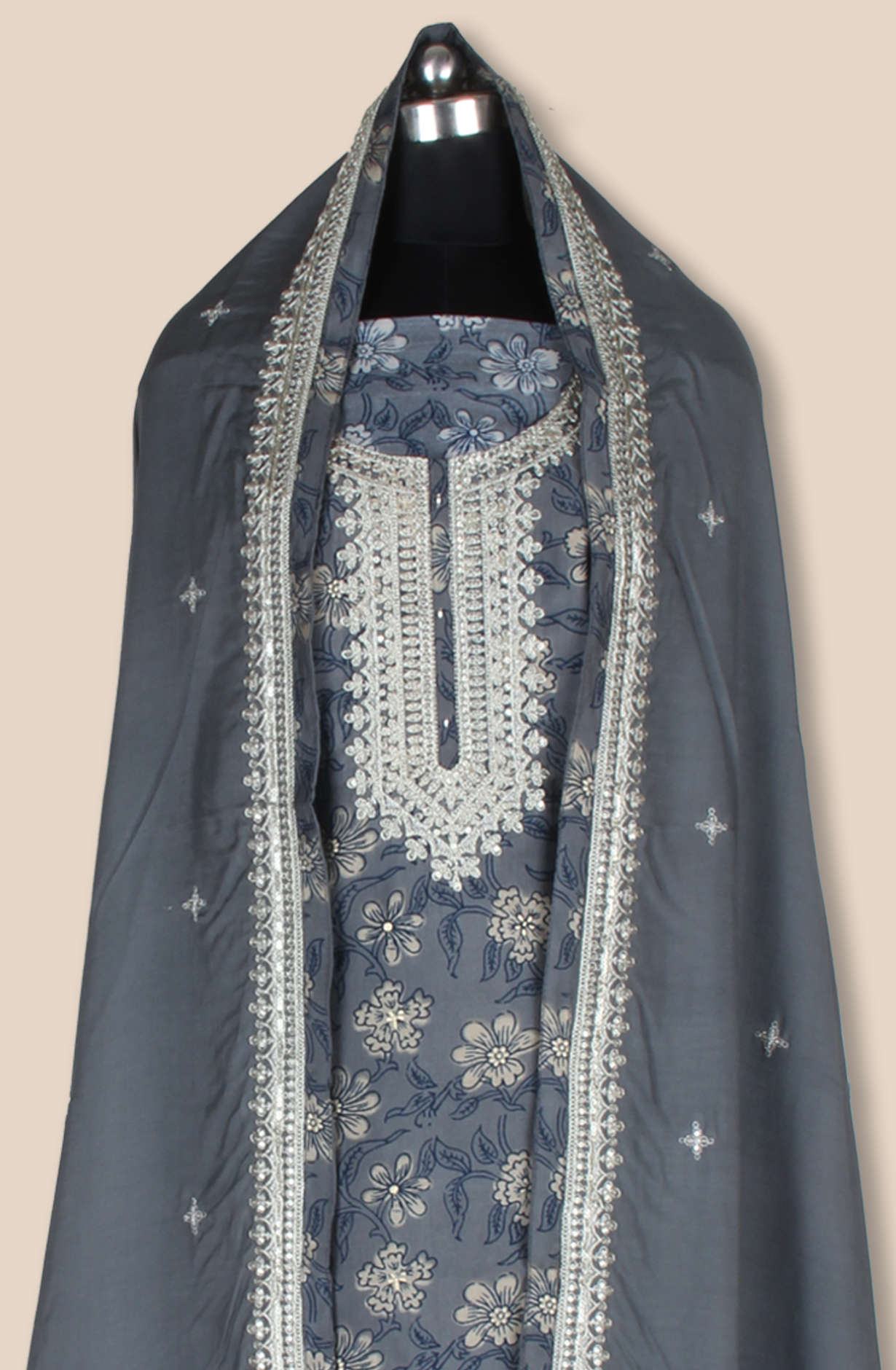 Grey Modal Digital Printed Unstitched Suit Fabric with Stole Dupatta - 131-CT2976