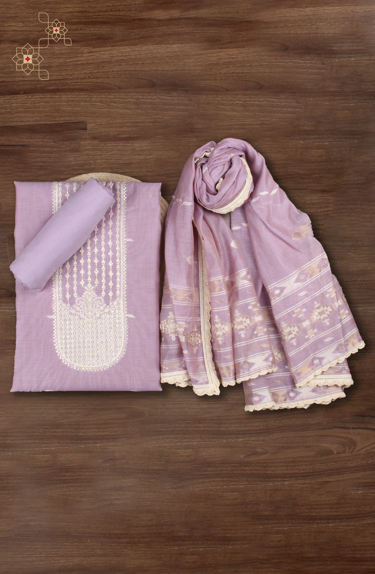 Lavender Chanderi Embroidered Unstitched Salwar Kameez Dupatta - 131-CT3086B