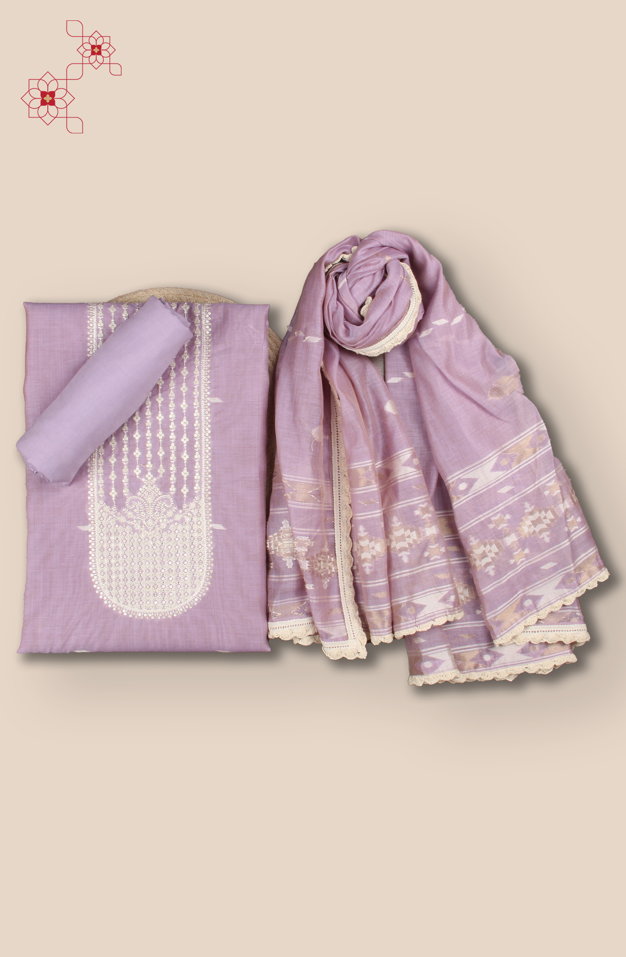 Lavender Chanderi Embroidered Unstitched Salwar Kameez Dupatta - 131-CT3086B