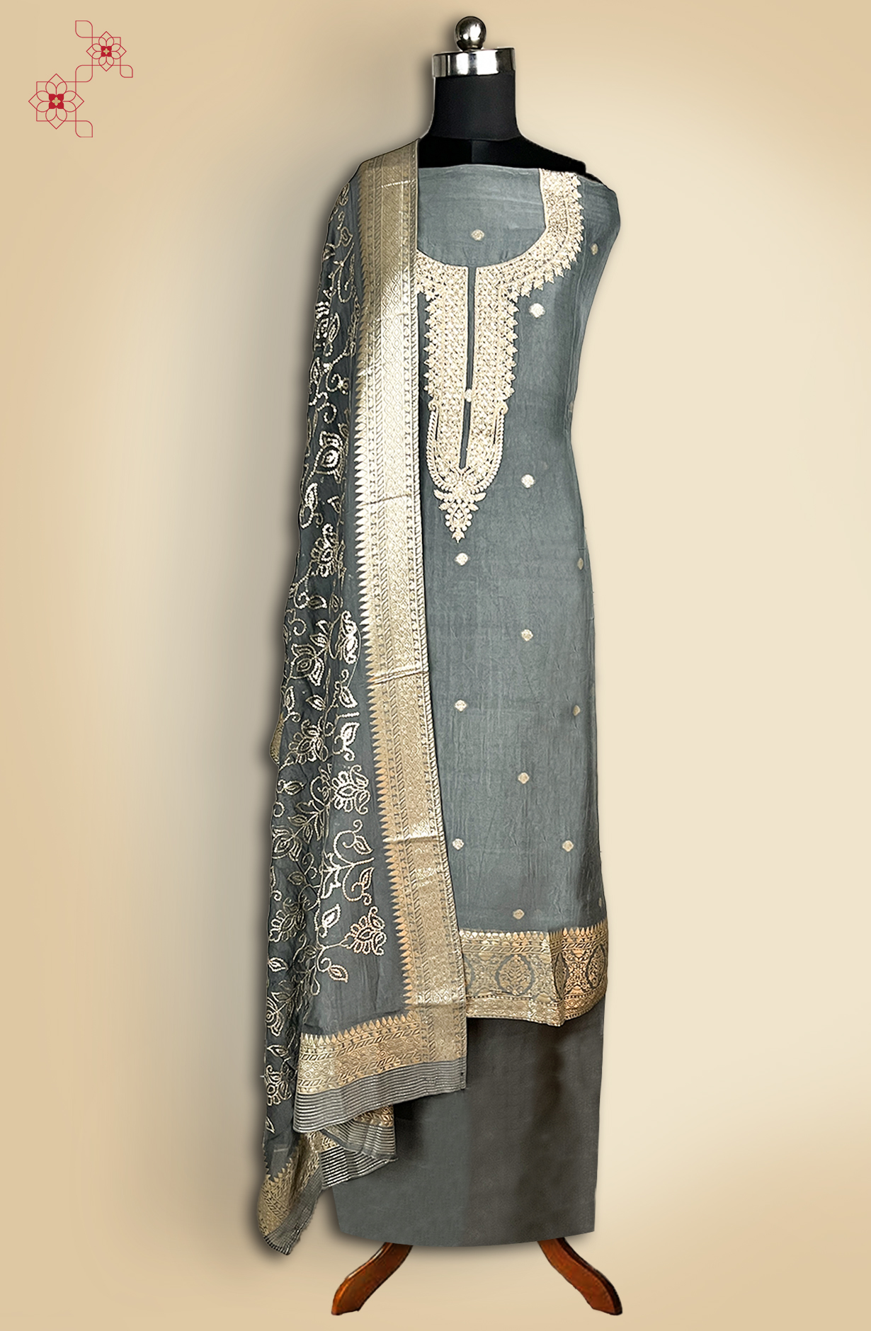 Grey Silk Zari Embroidery Suit Set with Dupatta- 131-CT3776