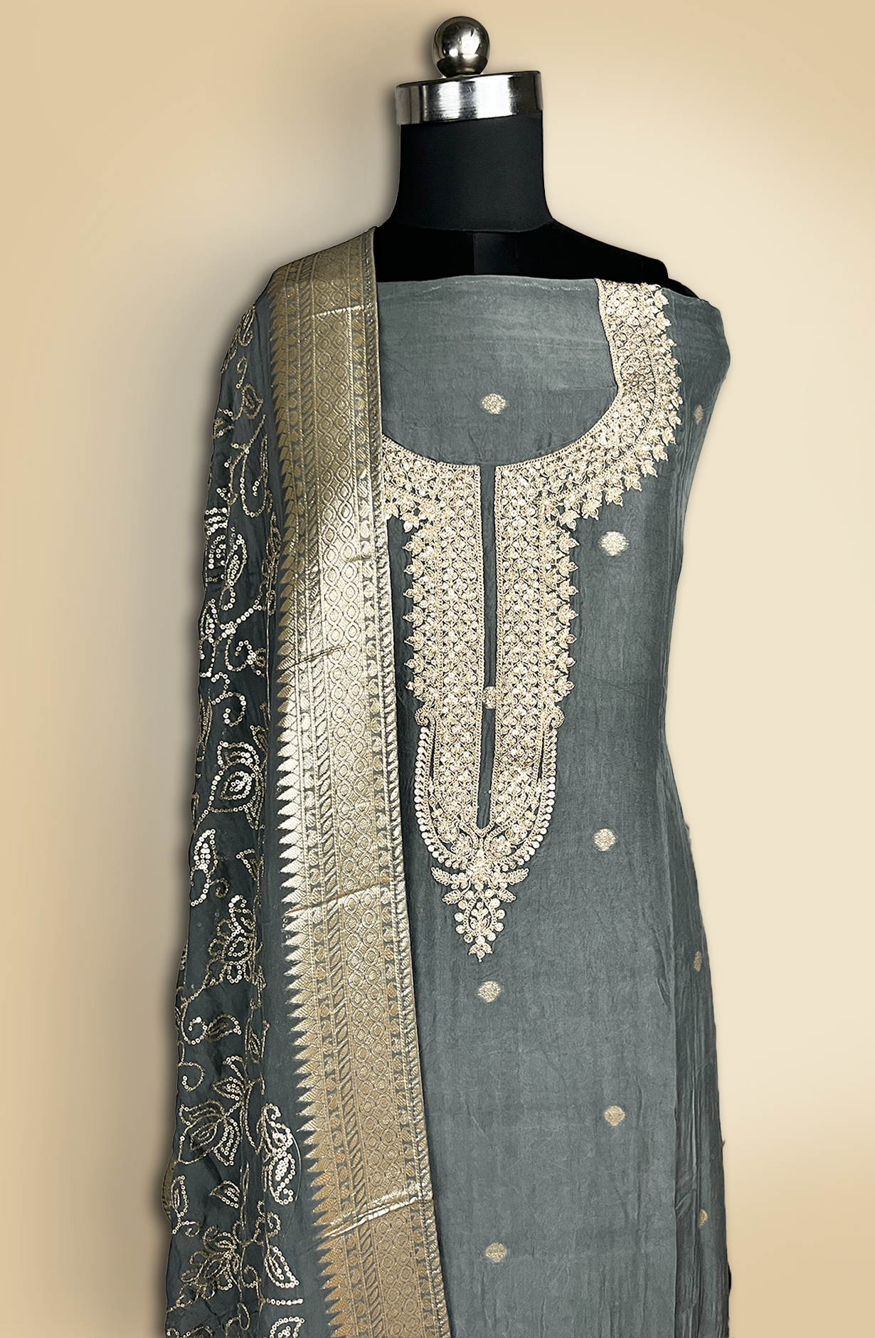 Grey Silk Zari Embroidery Suit Set with Dupatta- 131-CT3776