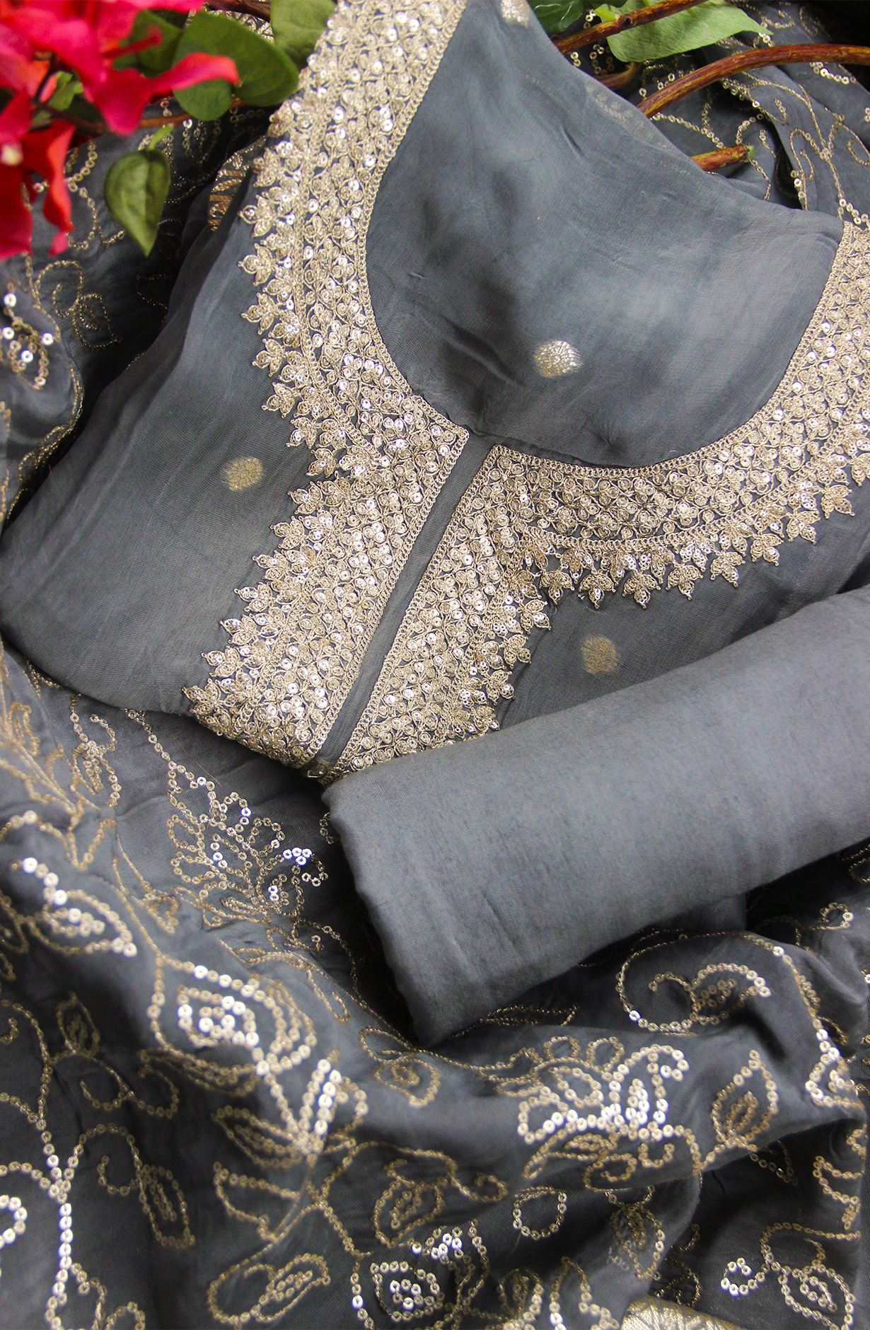 Grey Silk Zari Embroidery Suit Set with Dupatta- 131-CT3776