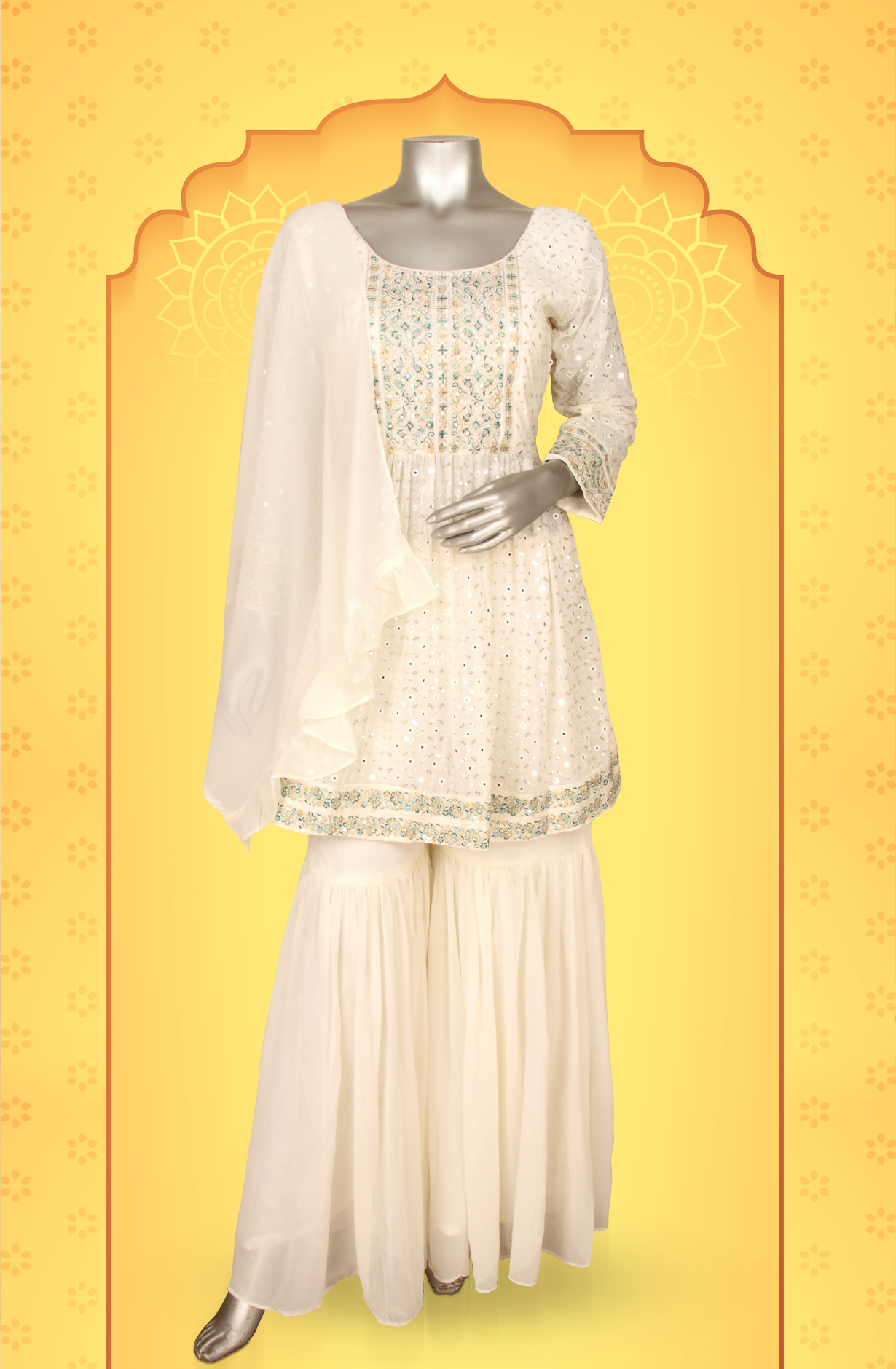 Cream Beautiful Georgette Partywear Readymade Sharara Suit - 131-D5972