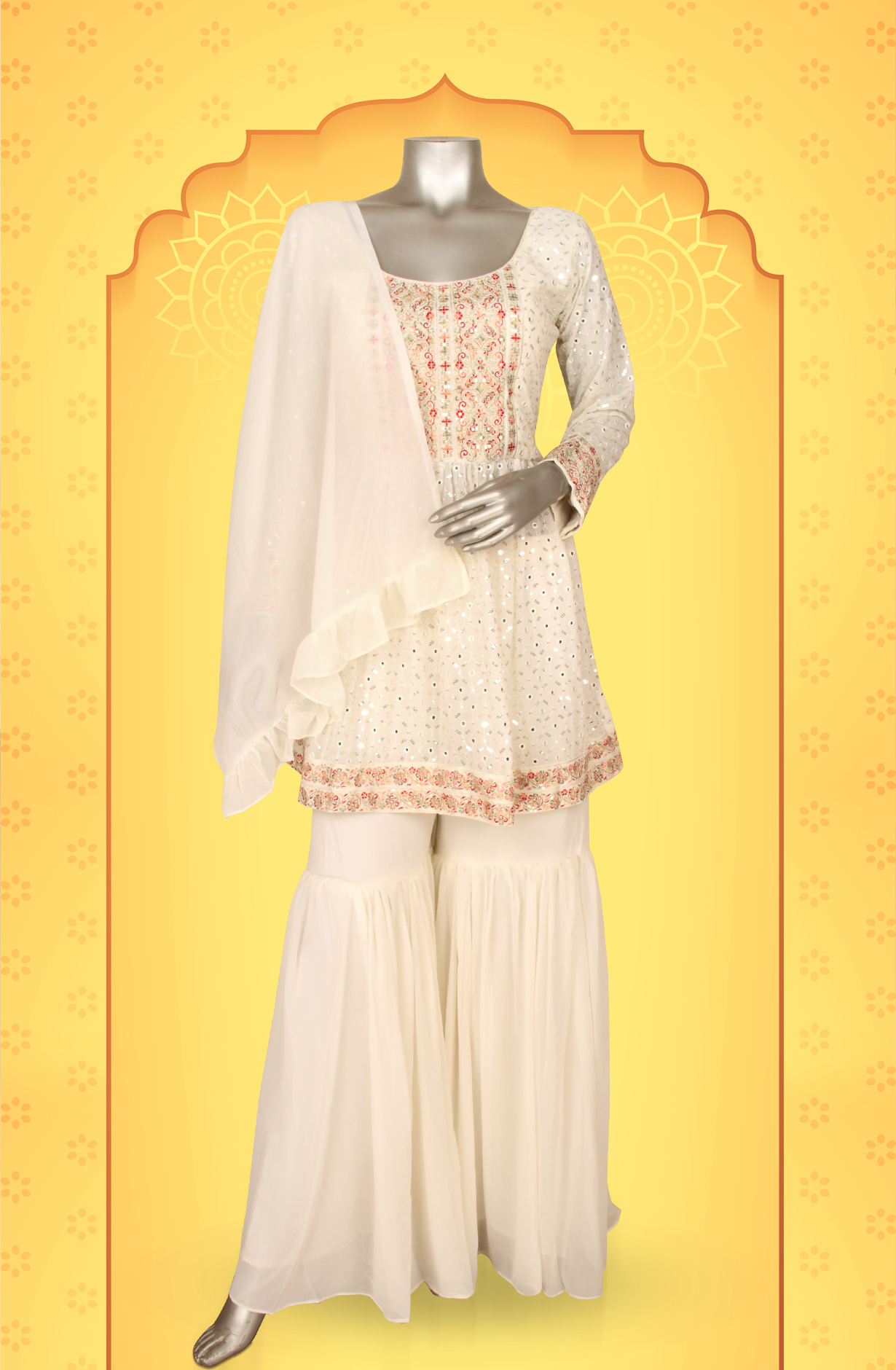Cream Beautiful Georgette Partywear Ready-to-Wear Sharara Suit - 131-D5972A