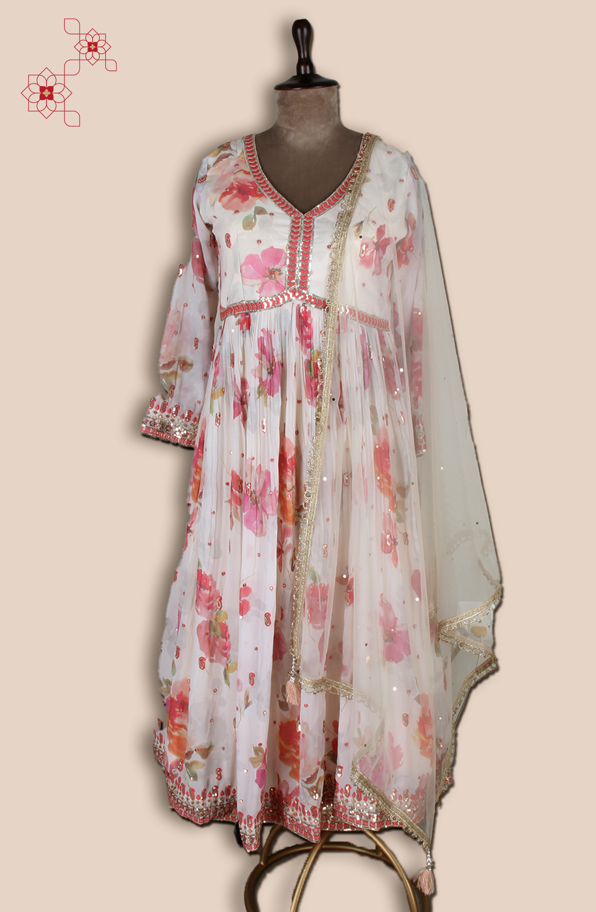 Cream Georgette Designer Ready-to-Wear Gown with Net Dupatta - 131-GC3228