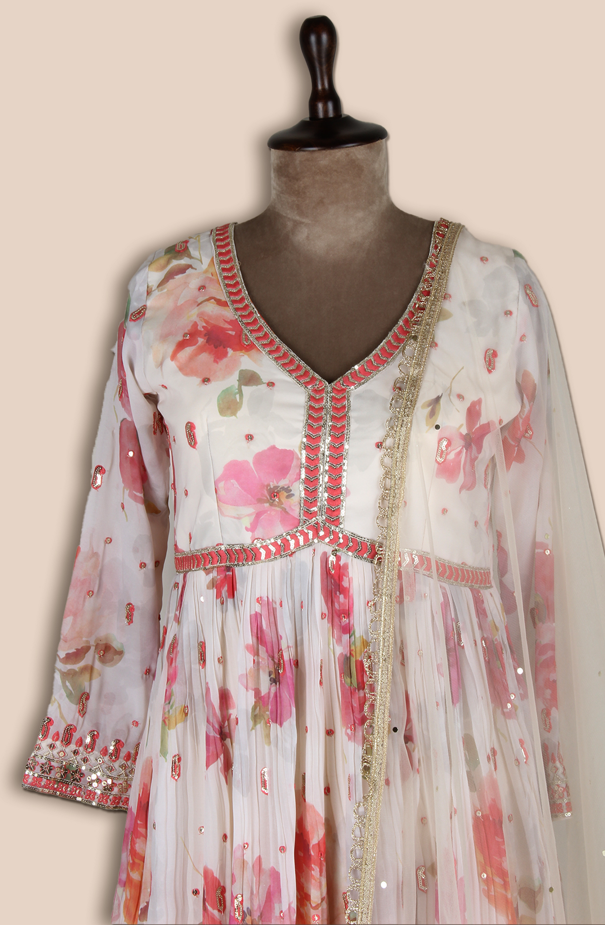 Cream Georgette Designer Ready-to-Wear Gown with Net Dupatta - 131-GC3228