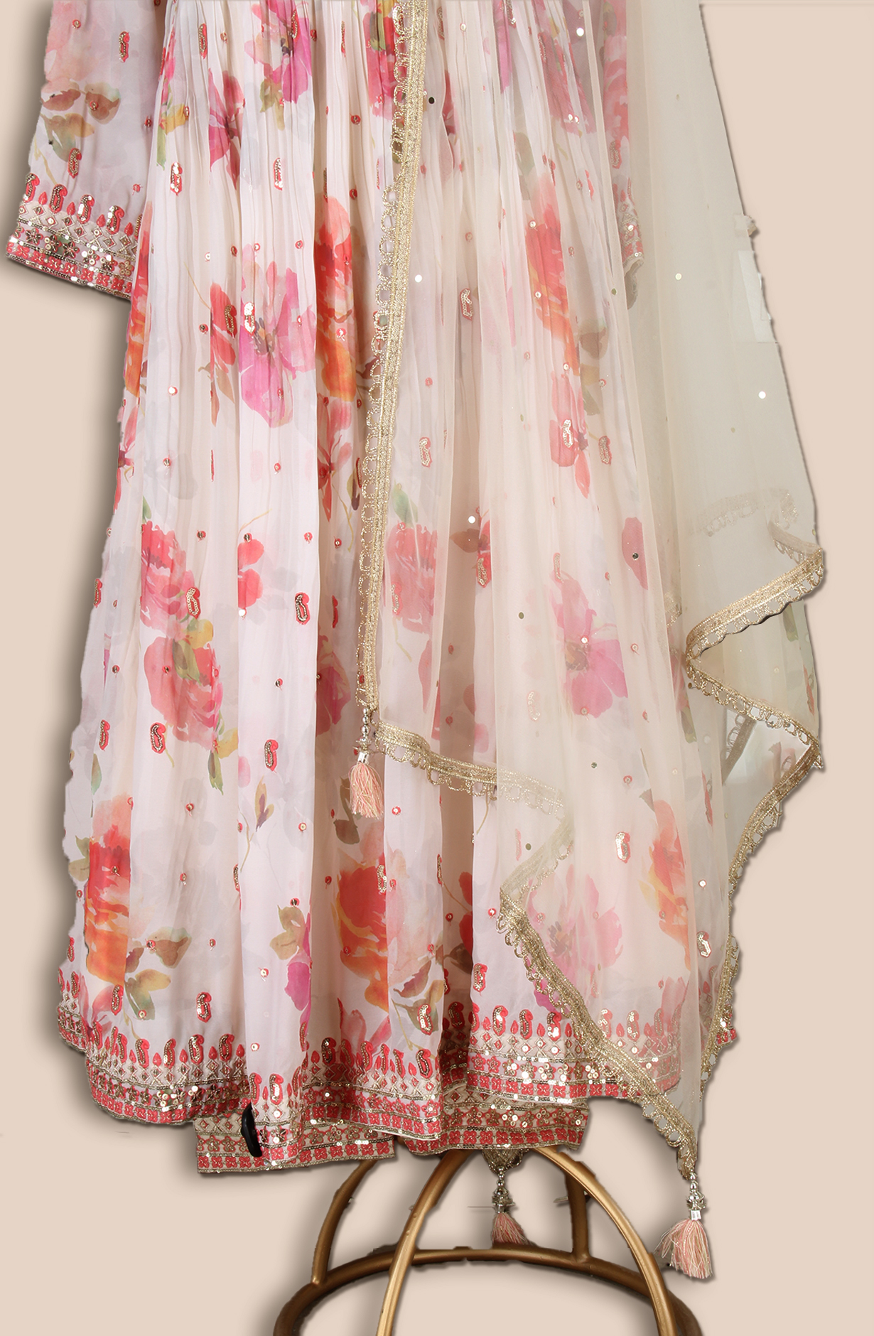 Cream Georgette Designer Ready-to-Wear Gown with Net Dupatta - 131-GC3228