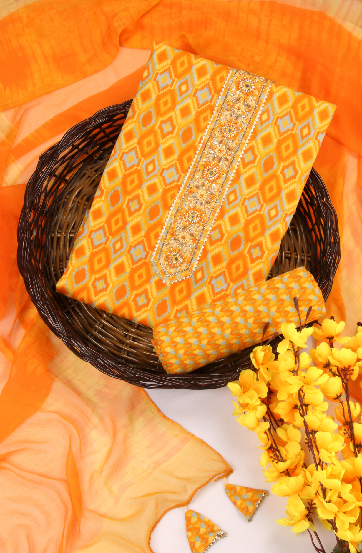 Orange Cotton Unstitched Salwar Kameez with Chiffon Dupatta - 131-HKF21579