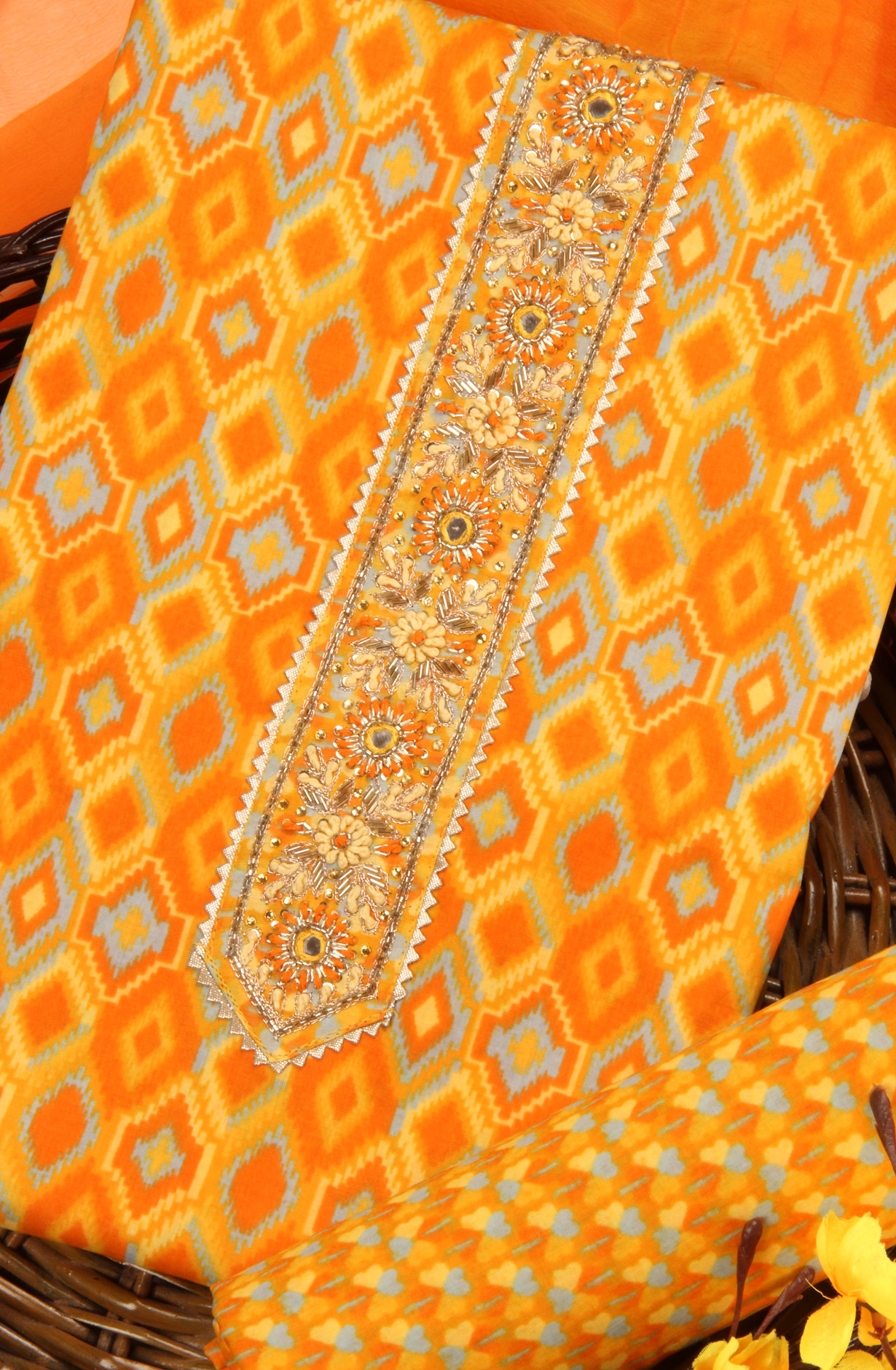 Orange Cotton Unstitched Salwar Kameez with Chiffon Dupatta - 131-HKF21579