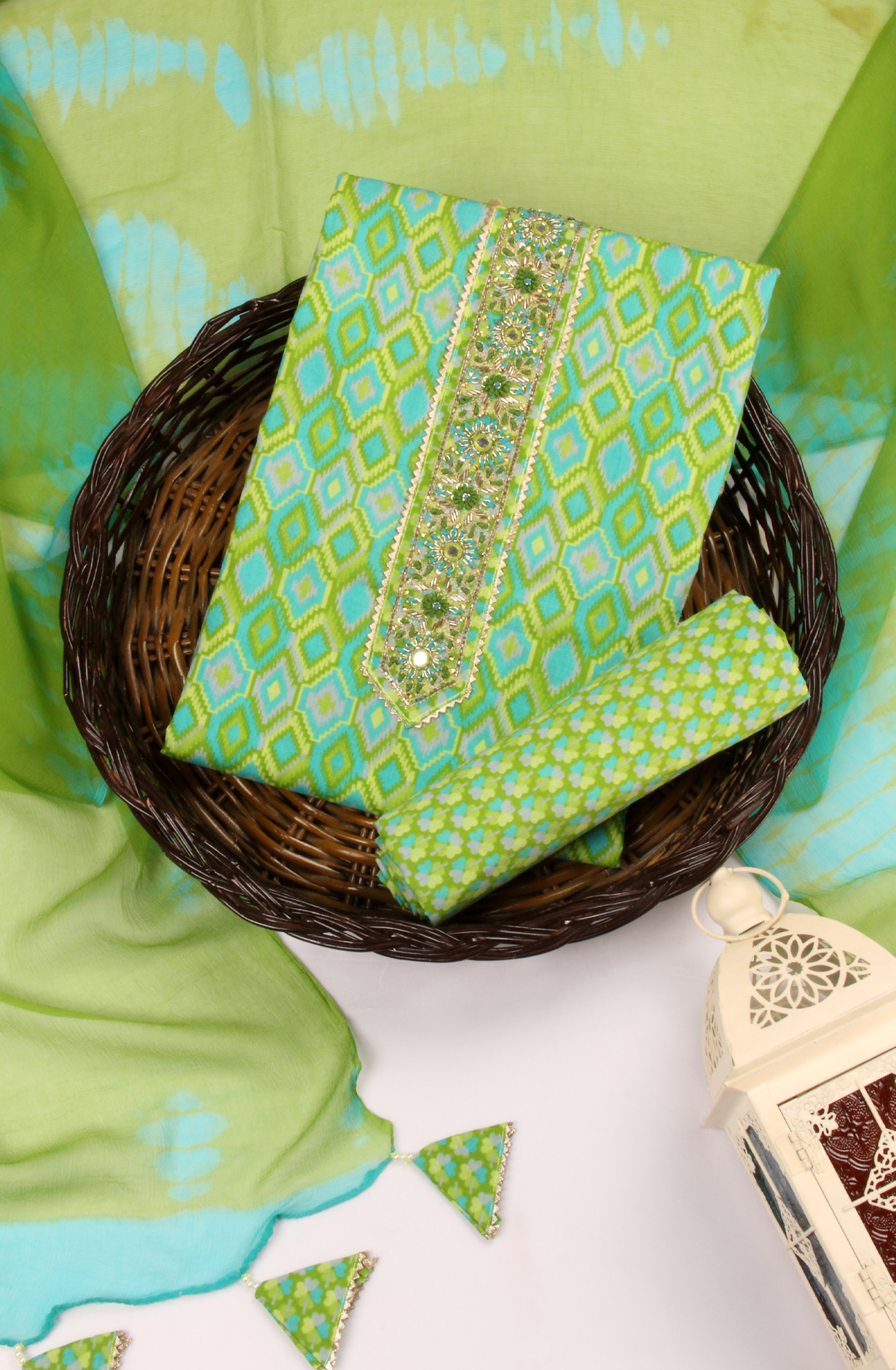 Green Cotton Unstitched Salwar Kameez with Chiffon Dupatta - 131-HKF21579A