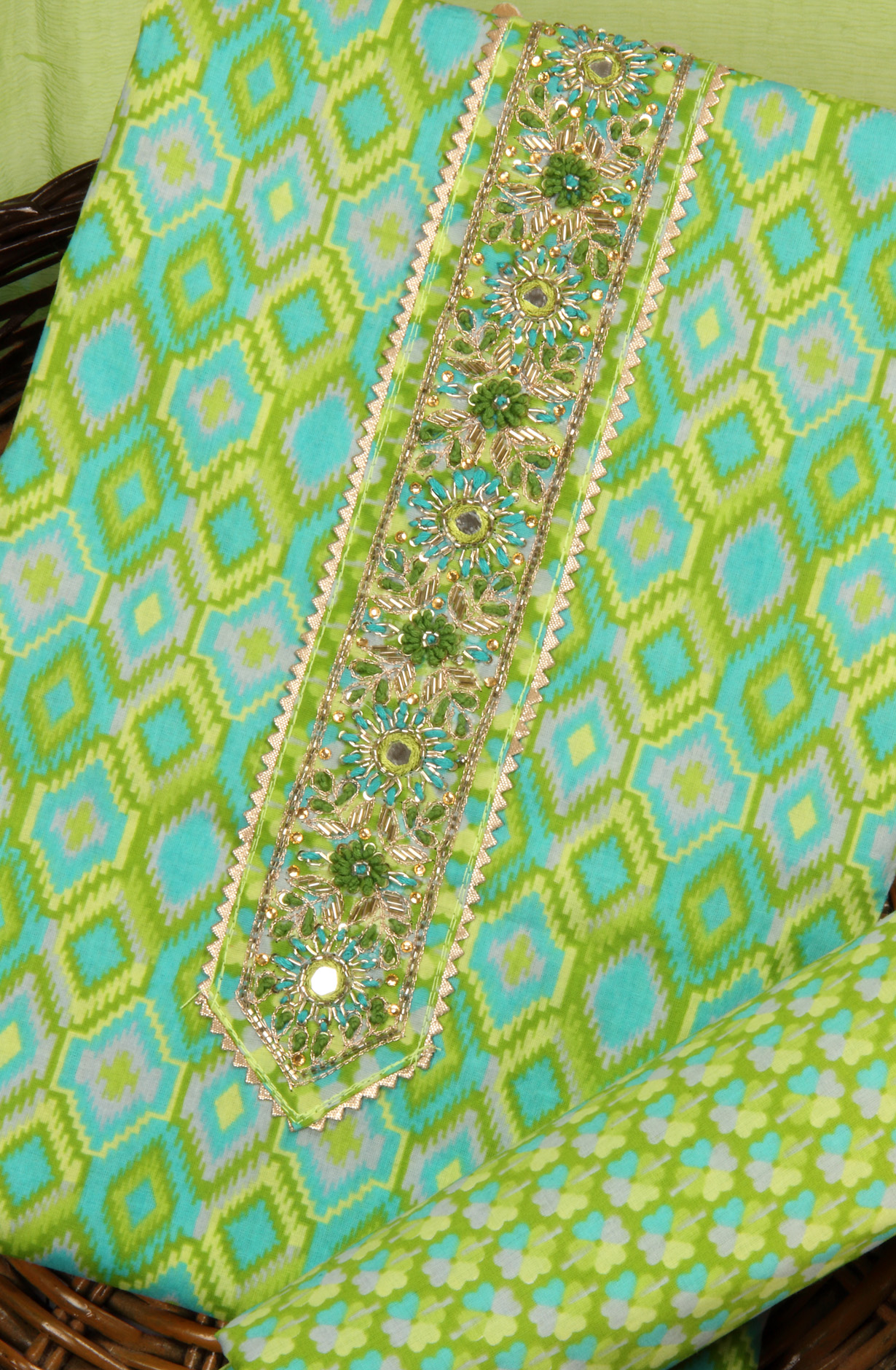 Green Cotton Unstitched Salwar Kameez with Chiffon Dupatta - 131-HKF21579A