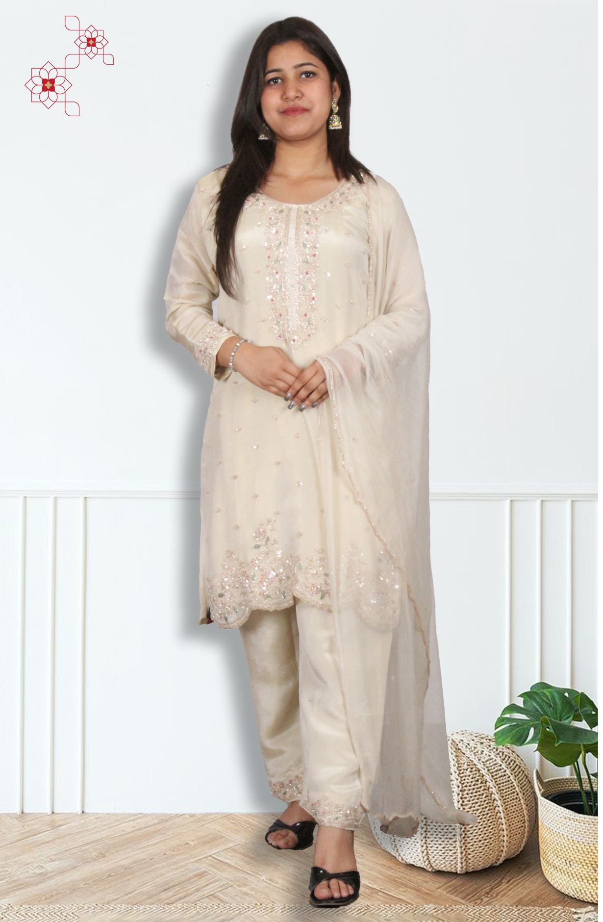 Cream Tissue Silk Readymade Designer Salwar Kameez with Chiffon Dupatta - 131-HZ9439B
