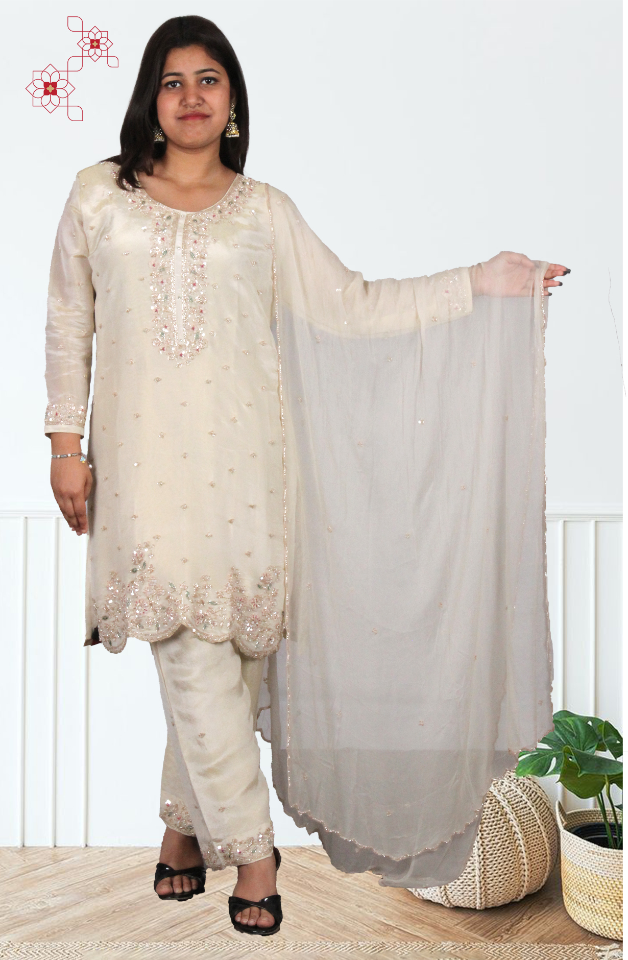 Cream Tissue Silk Readymade Designer Salwar Kameez with Chiffon Dupatta - 131-HZ9439B