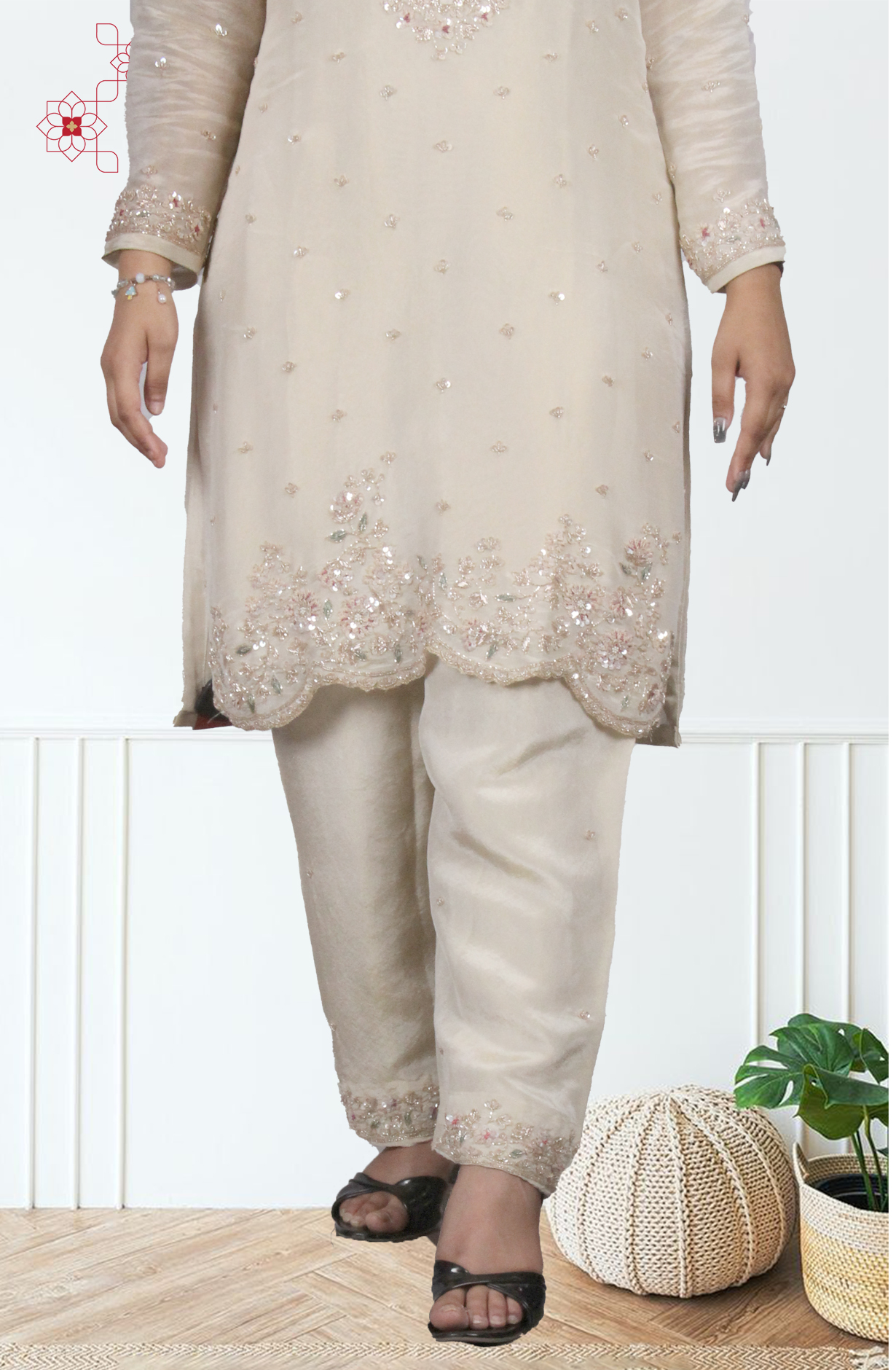 Cream Tissue Silk Readymade Designer Salwar Kameez with Chiffon Dupatta - 131-HZ9439B