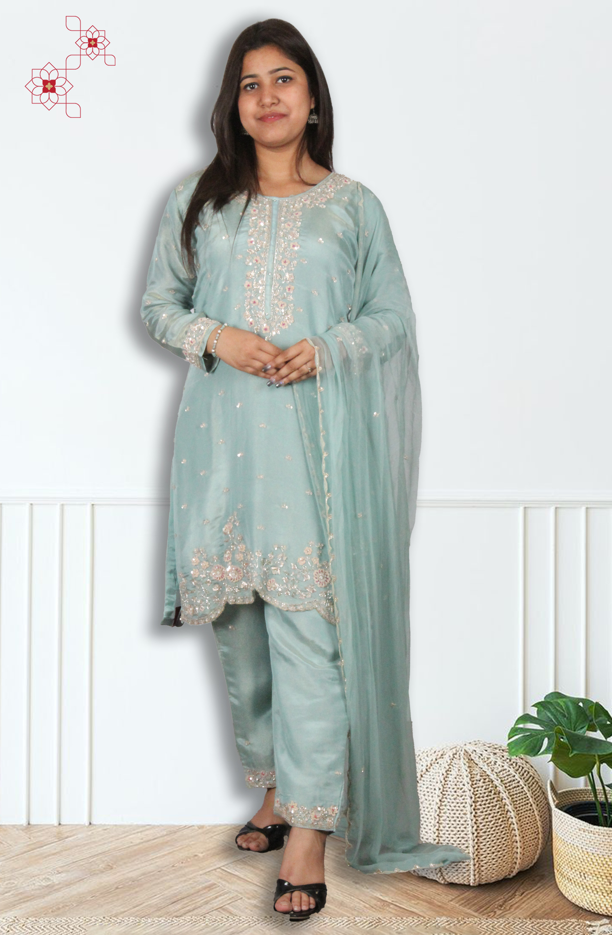 Sea Green Tissue Silk Readymade Designer Salwar Kameez with Chiffon Dupatta - 131-HZ9439C
