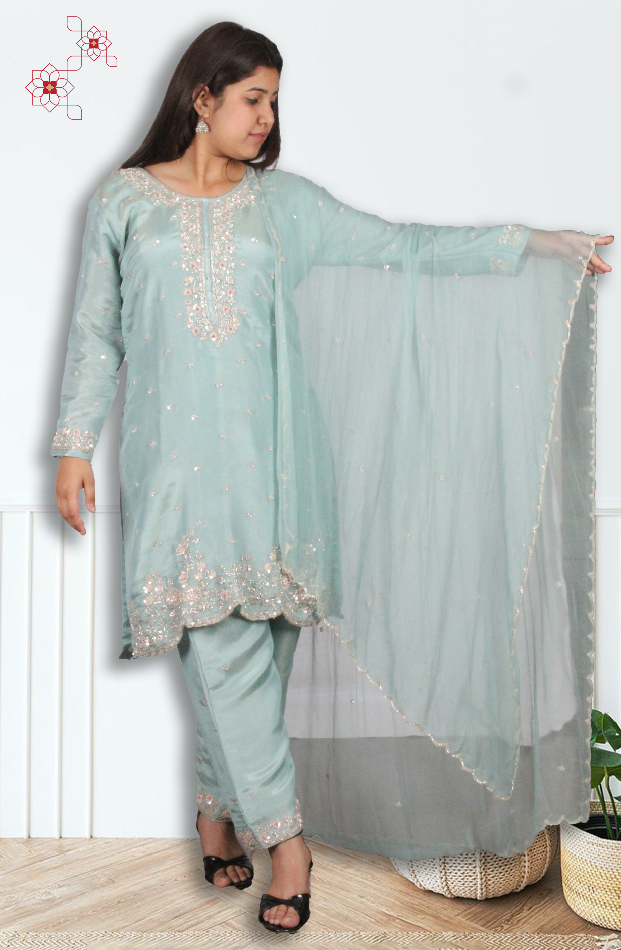 Sea Green Tissue Silk Readymade Designer Salwar Kameez with Chiffon Dupatta - 131-HZ9439C