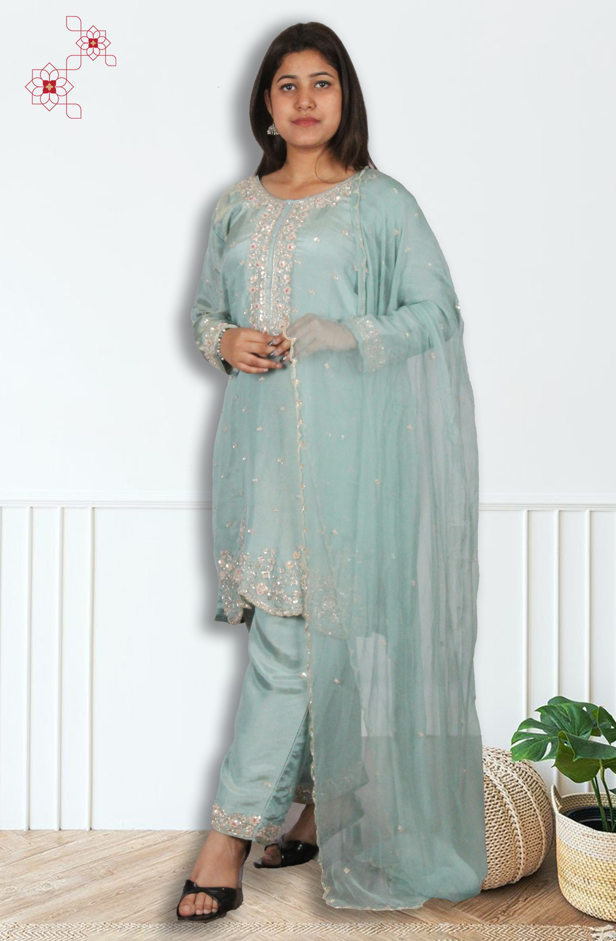 Sea Green Tissue Silk Readymade Designer Salwar Kameez with Chiffon Dupatta - 131-HZ9439C