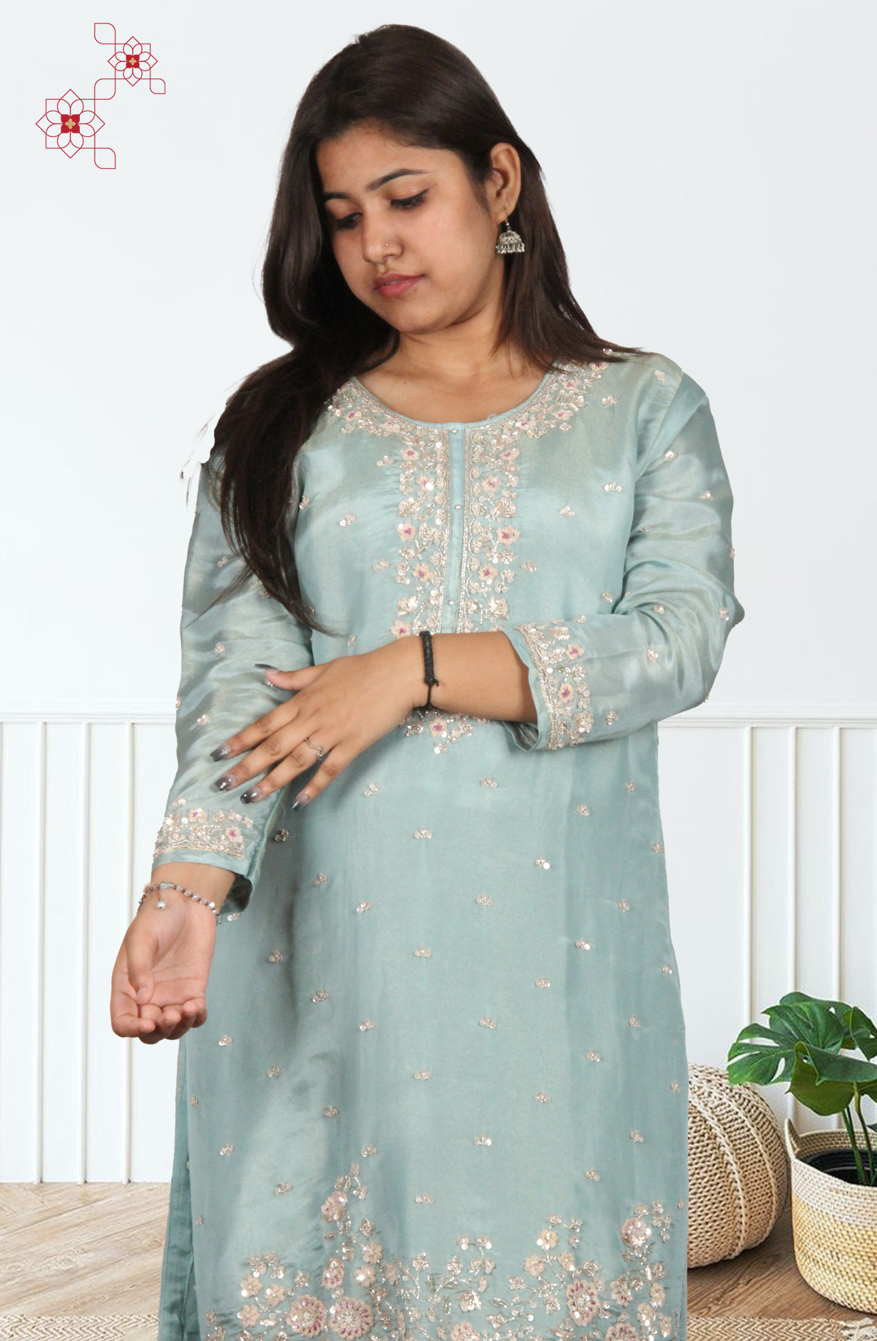 Sea Green Tissue Silk Readymade Designer Salwar Kameez with Chiffon Dupatta - 131-HZ9439C