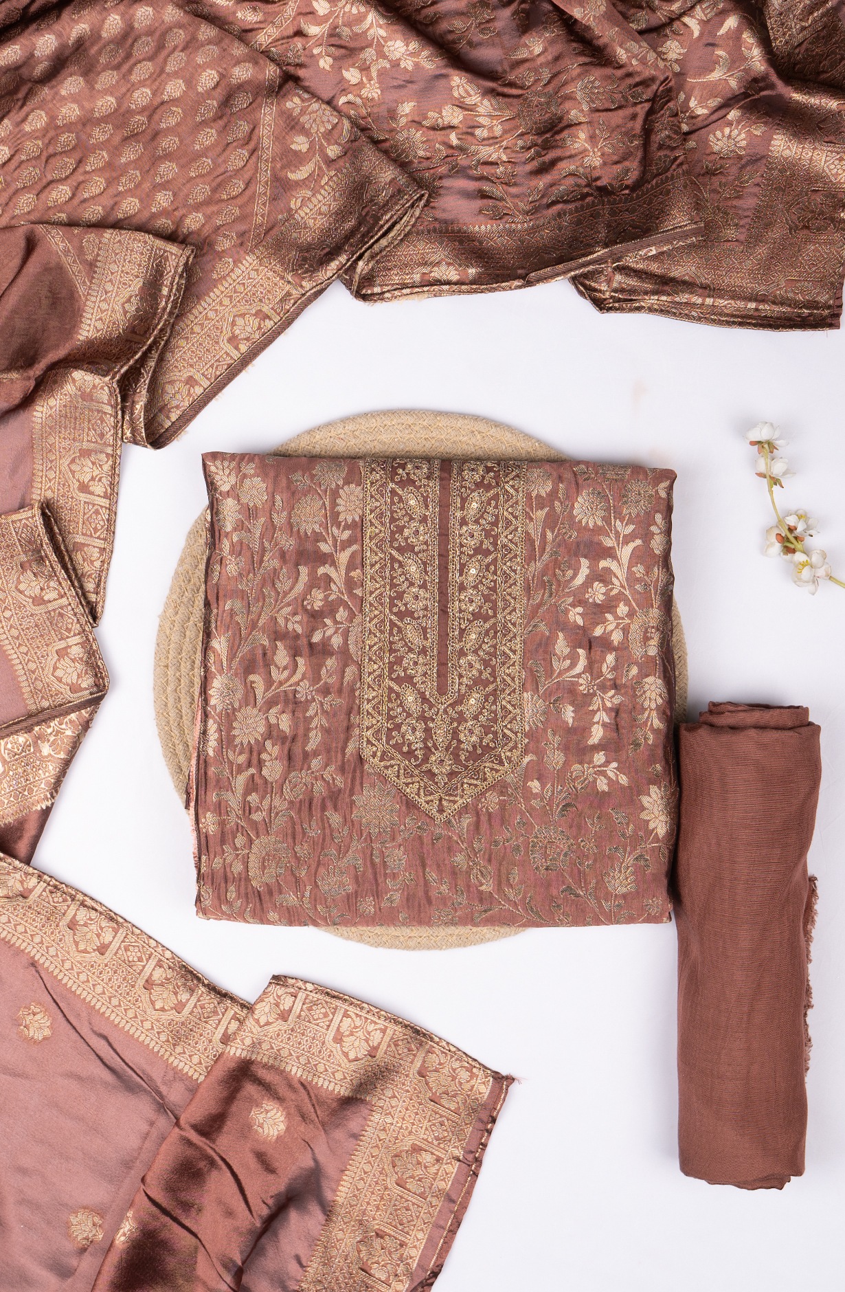 Brown Banarasi Brocket Suit Set with Dupatta - 131-KE11029C