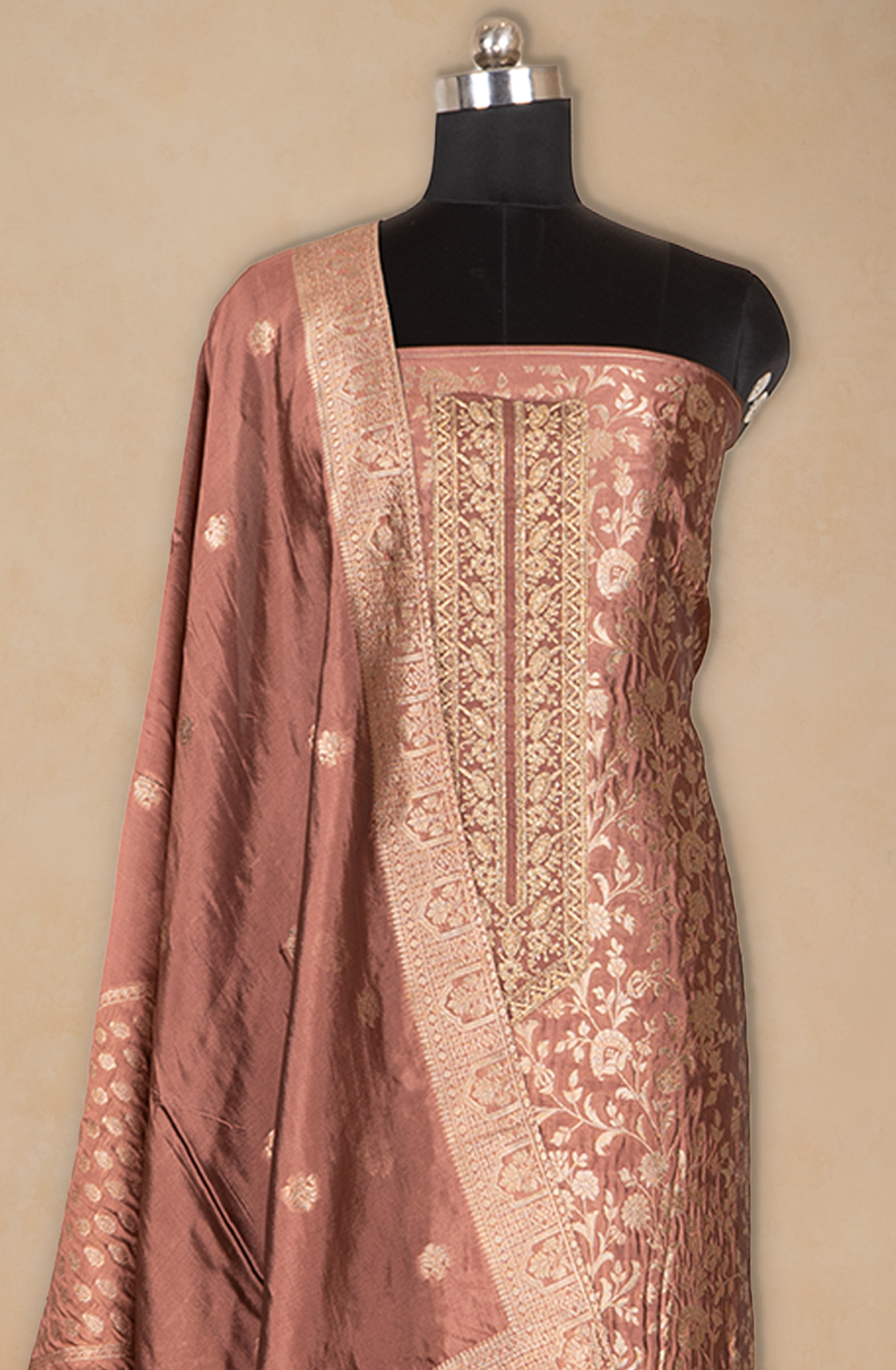 Brown Banarasi Brocket Suit Set with Dupatta - 131-KE11029C