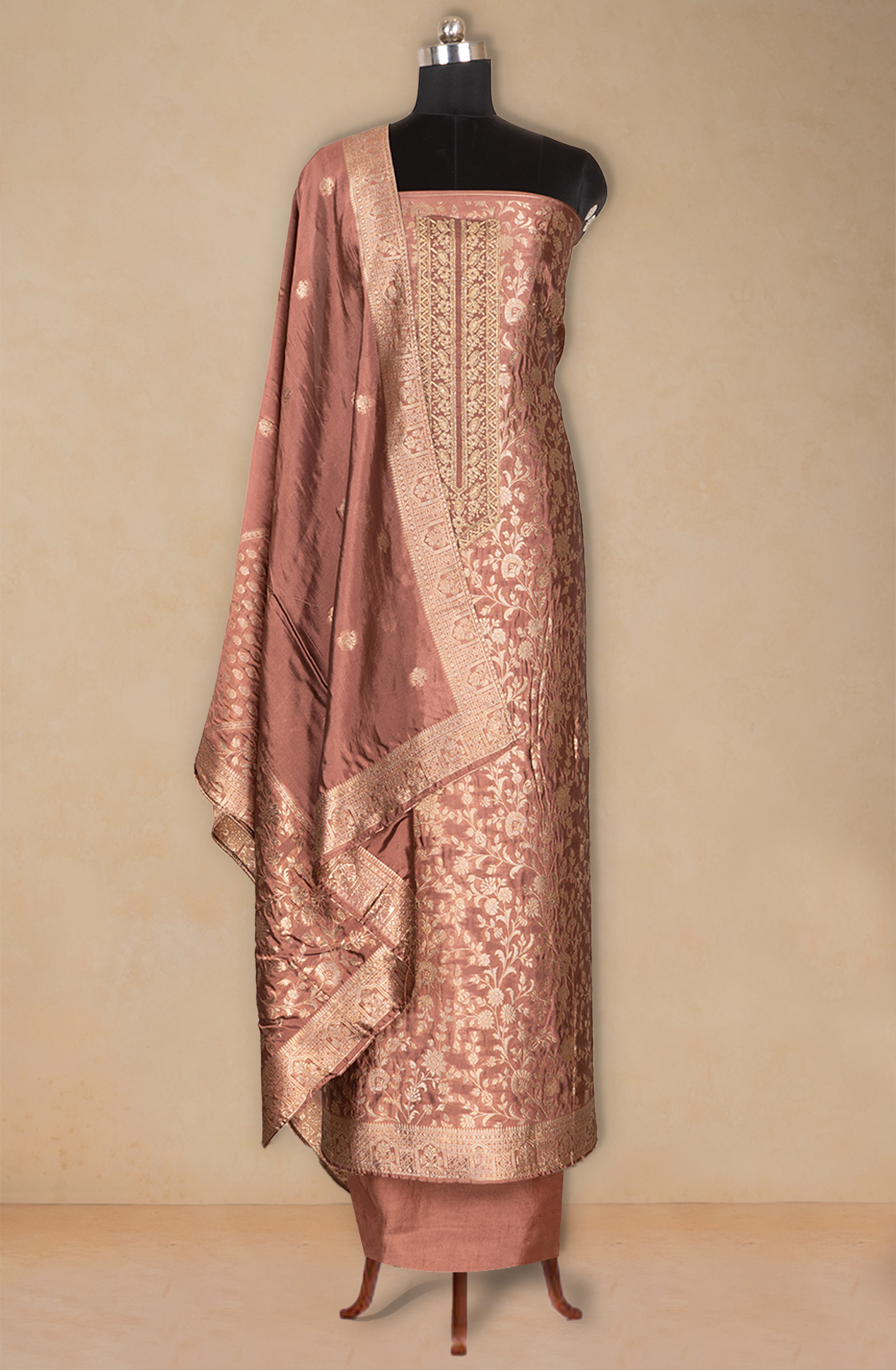 Brown Banarasi Brocket Suit Set with Dupatta - 131-KE11029C