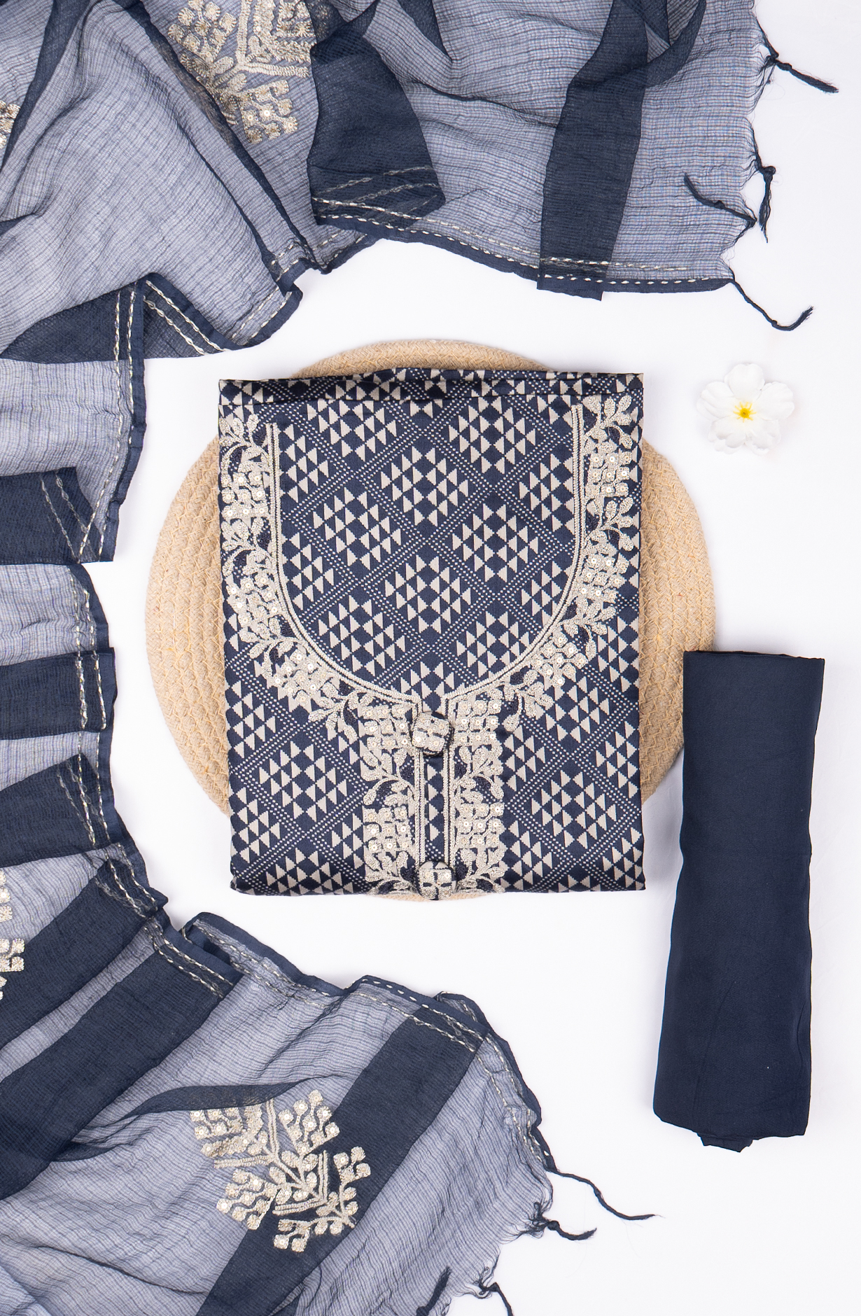 Blue Printed Silk Suit Set with Kota Dupatta - 131-KE3781