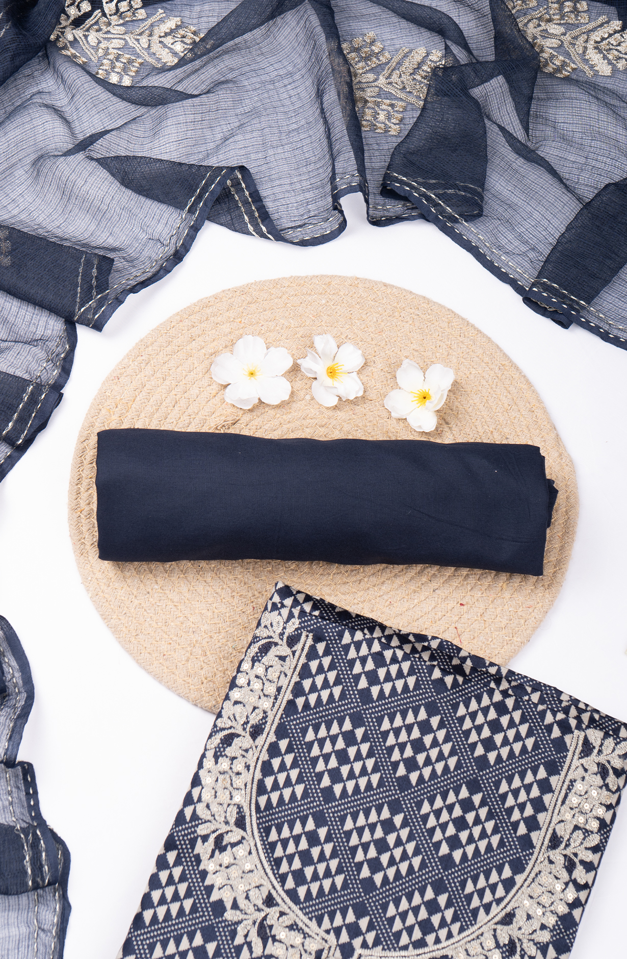 Blue Printed Silk Suit Set with Kota Dupatta - 131-KE3781