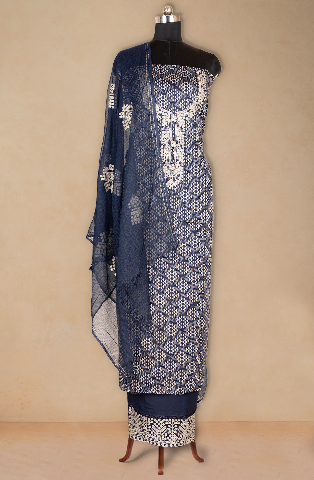 Blue Printed Silk Suit Set with Kota Dupatta - 131-KE3781